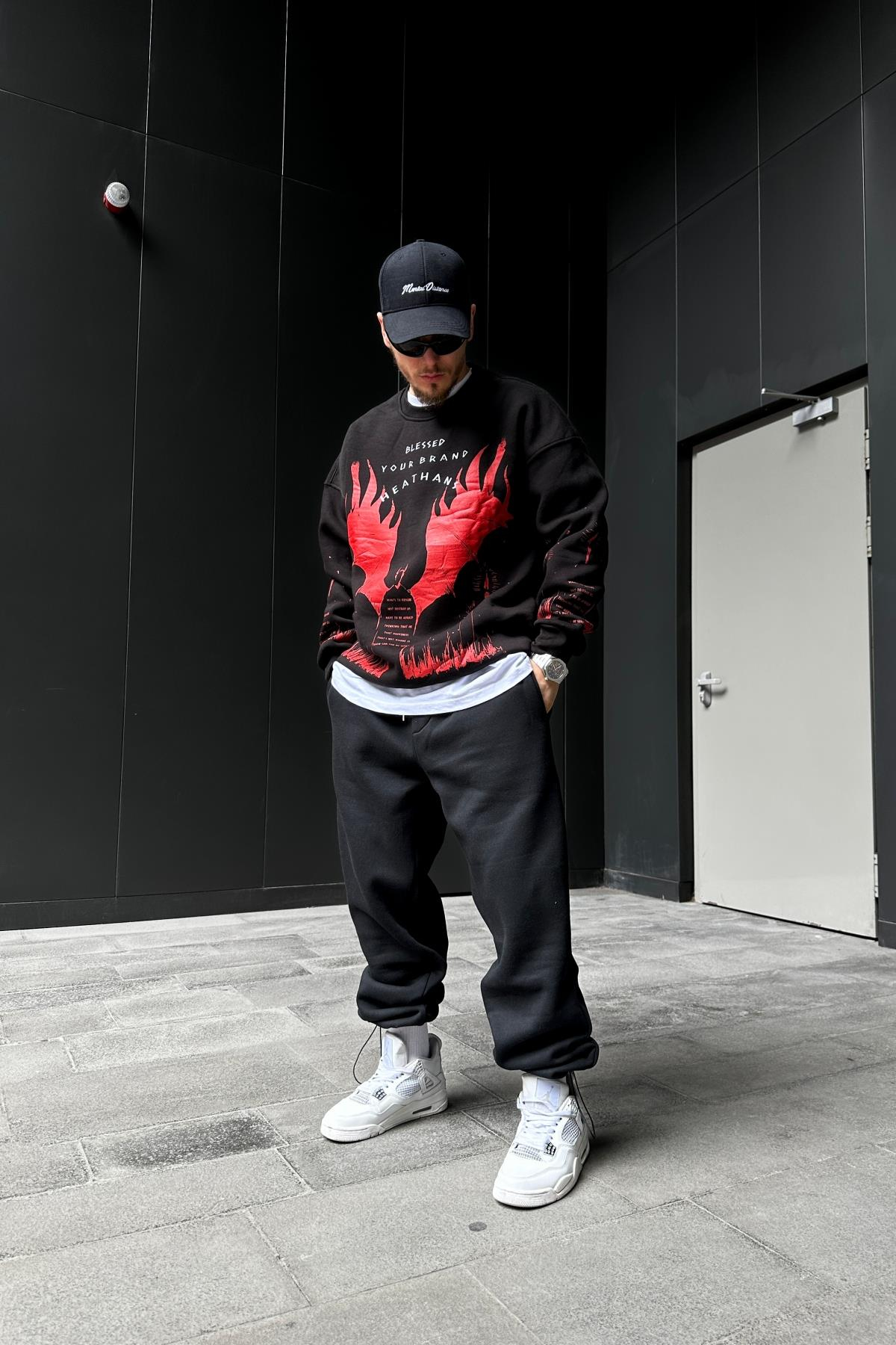 Blessed Baskılı Siyah Oversize Sweatshirt SW1084