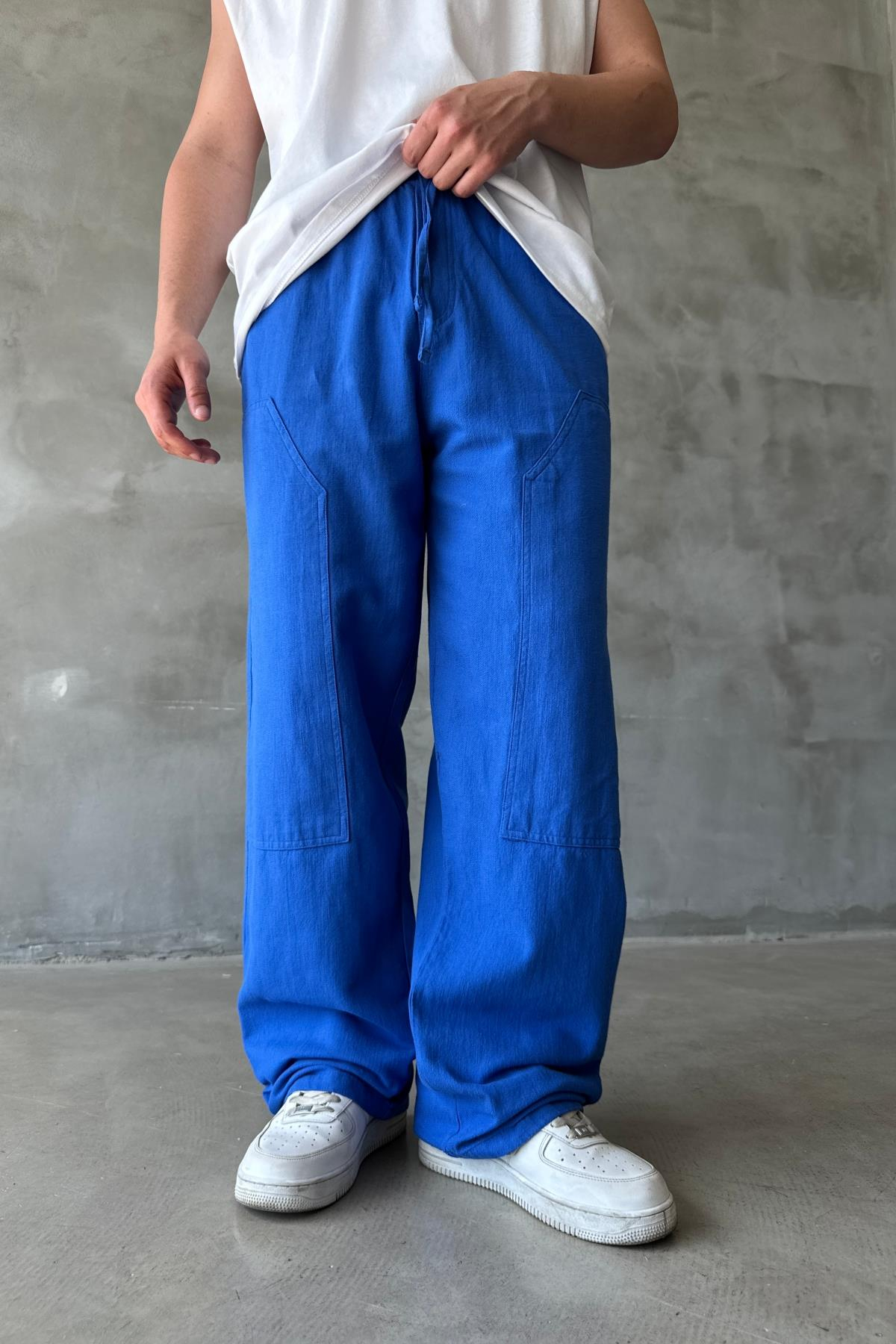 Blok Detay Saks Keten Model Baggy Pantolon