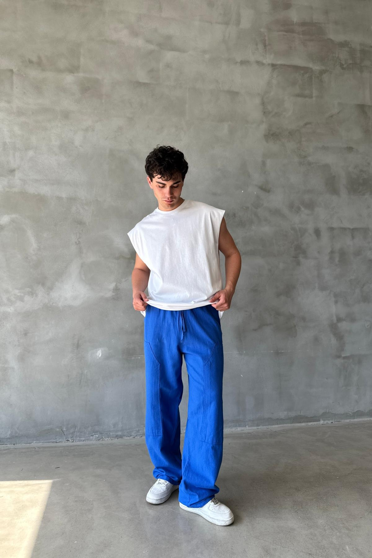 Blok Detay Saks Keten Model Baggy Pantolon