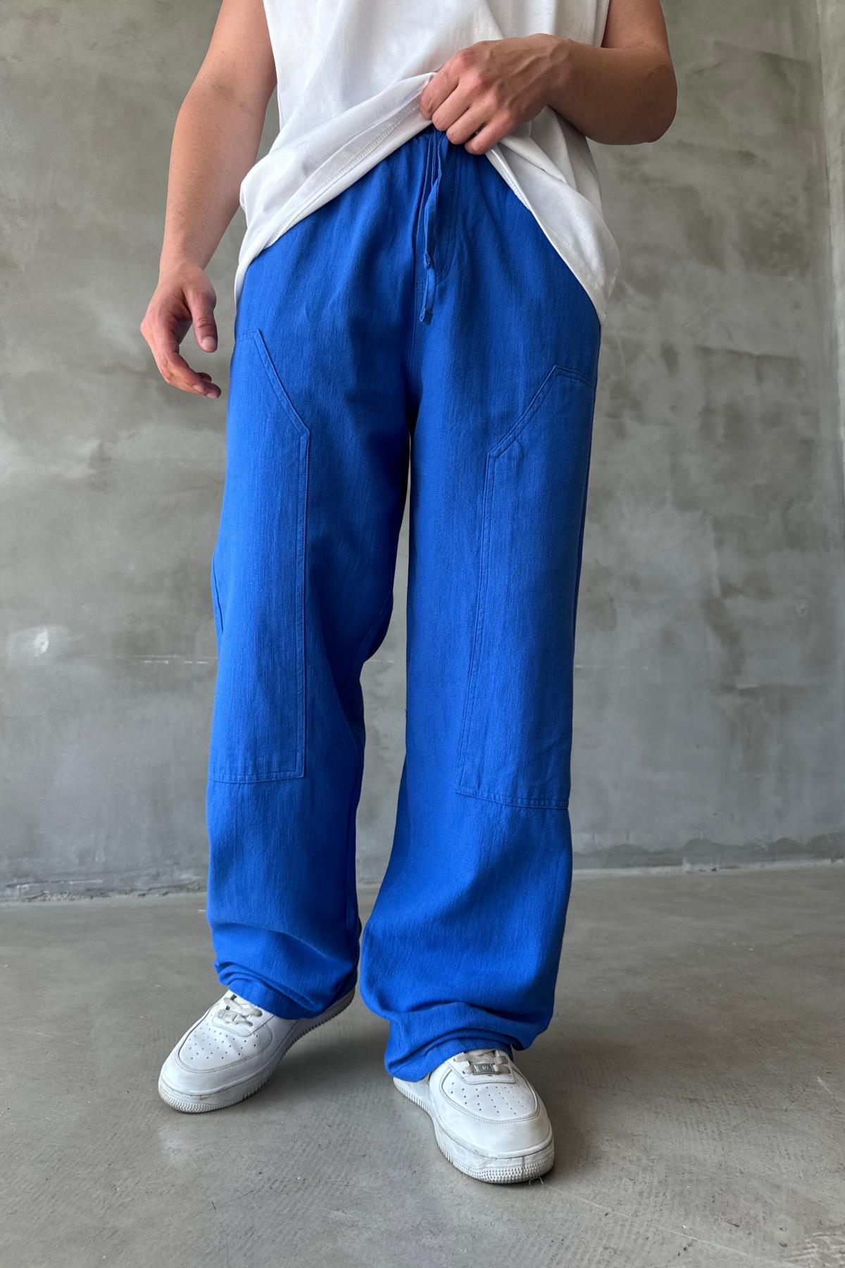 Blok Detay Saks Keten Model Baggy Pantolon