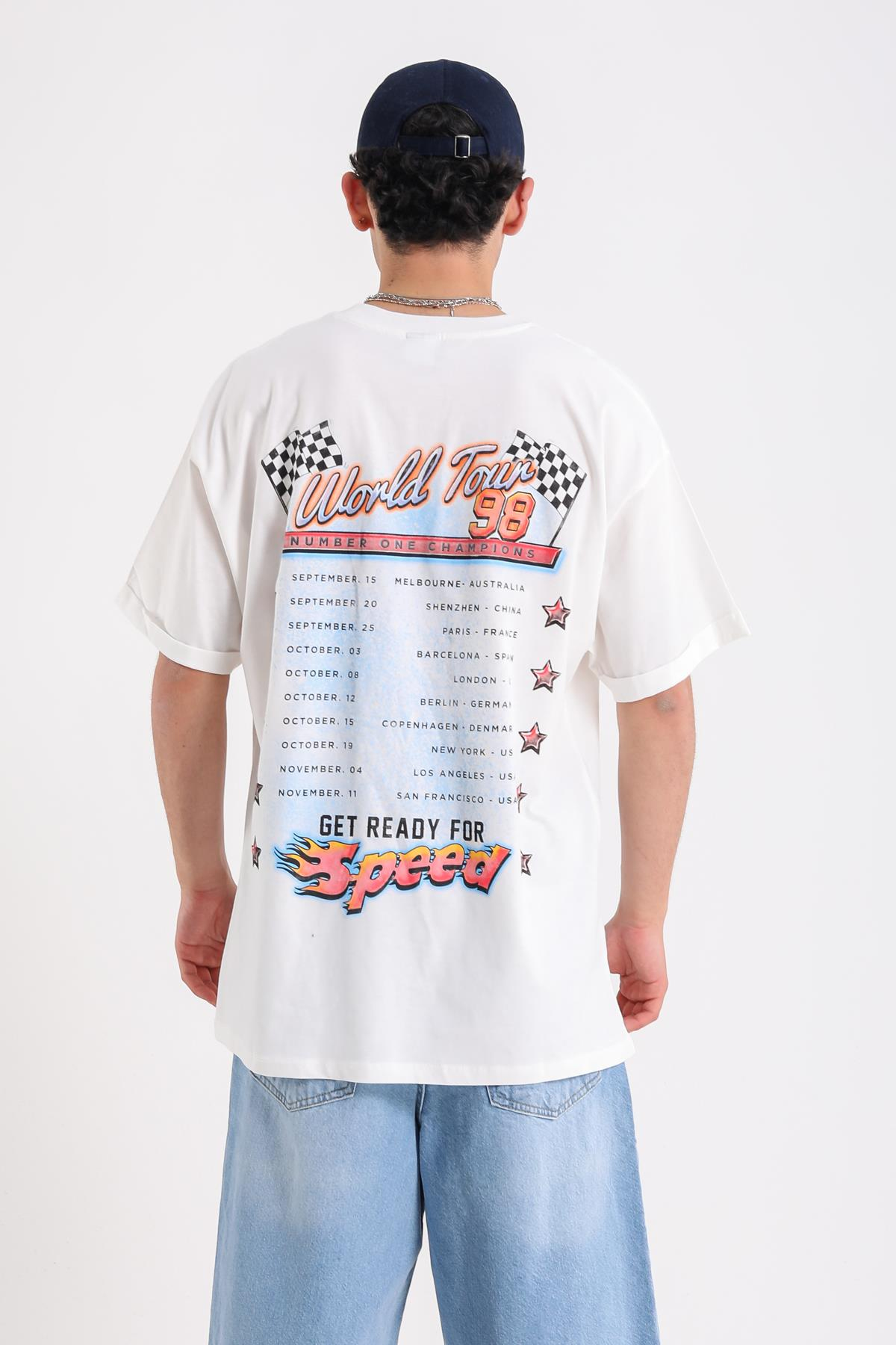 Born Baskılı Racing Oversize Krem Tshirt