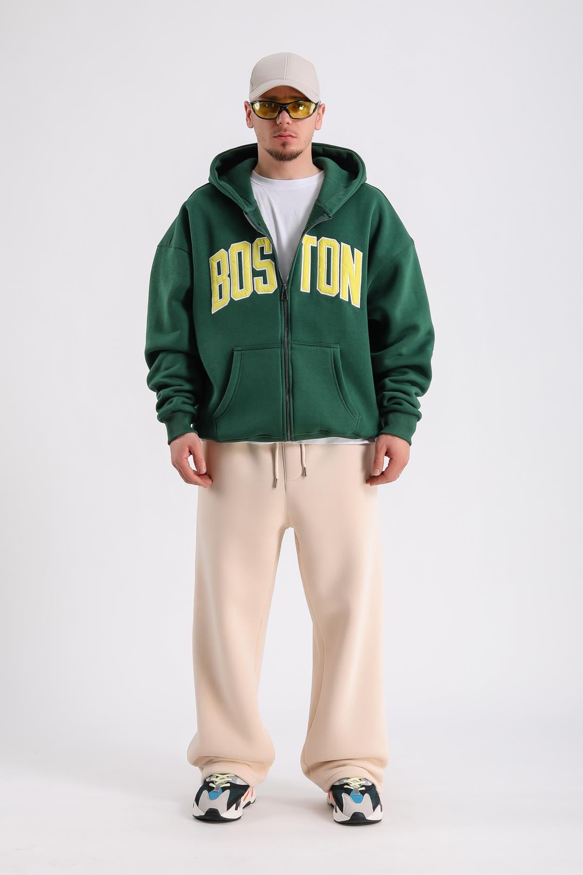 Boston Nakışlı Yeşil Oversize Zipper Hoodie SW1216