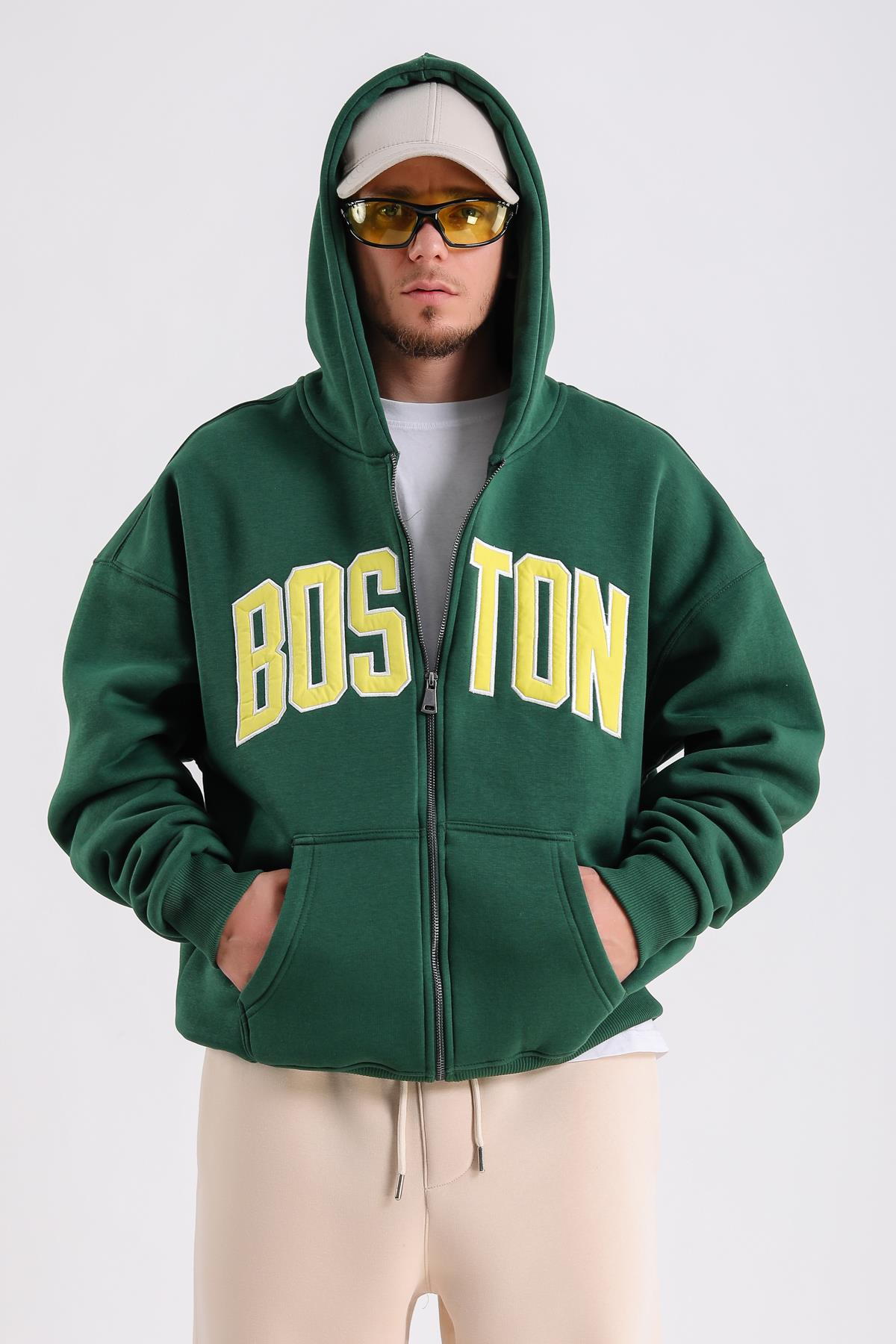 Boston Nakışlı Yeşil Oversize Zipper Hoodie SW1216