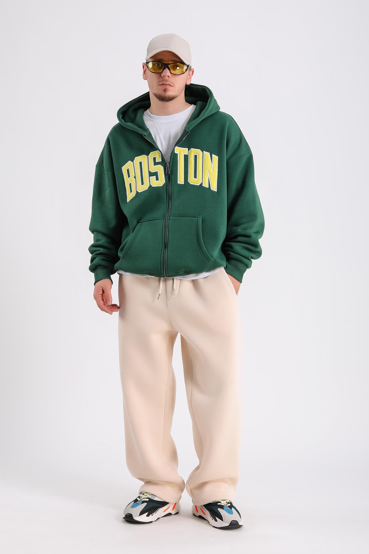 Boston Nakışlı Yeşil Oversize Zipper Hoodie SW1216
