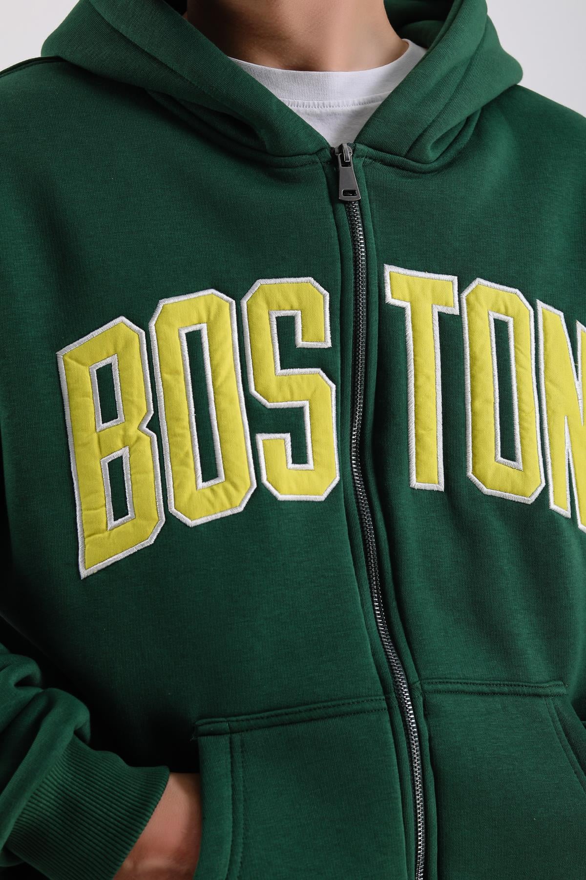 Boston Nakışlı Yeşil Oversize Zipper Hoodie SW1216