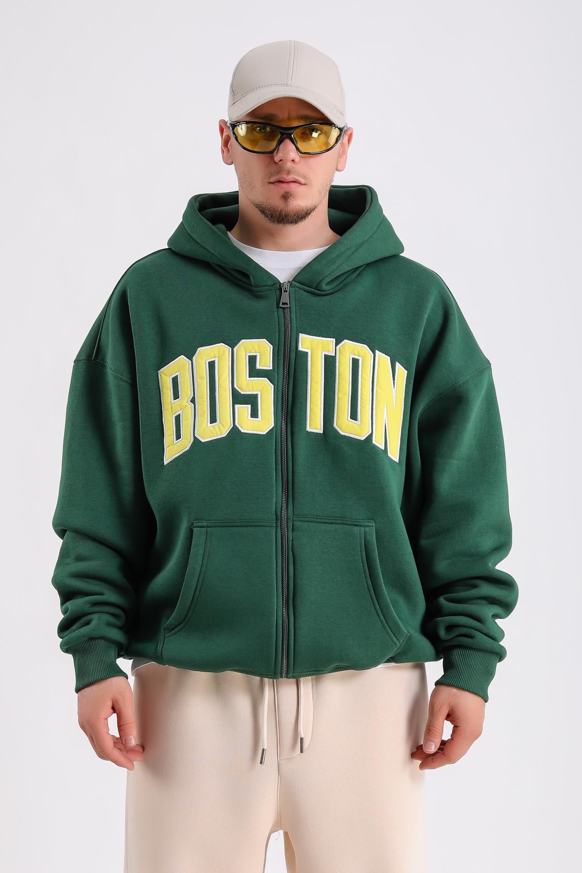 Boston Nakışlı Yeşil Oversize Zipper Hoodie SW1216