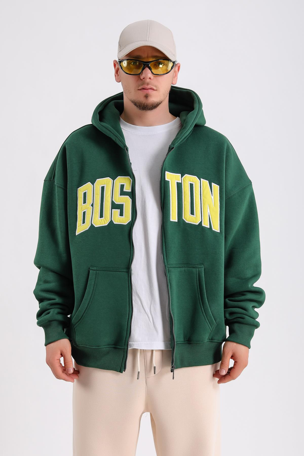Boston Nakışlı Yeşil Oversize Zipper Hoodie SW1216