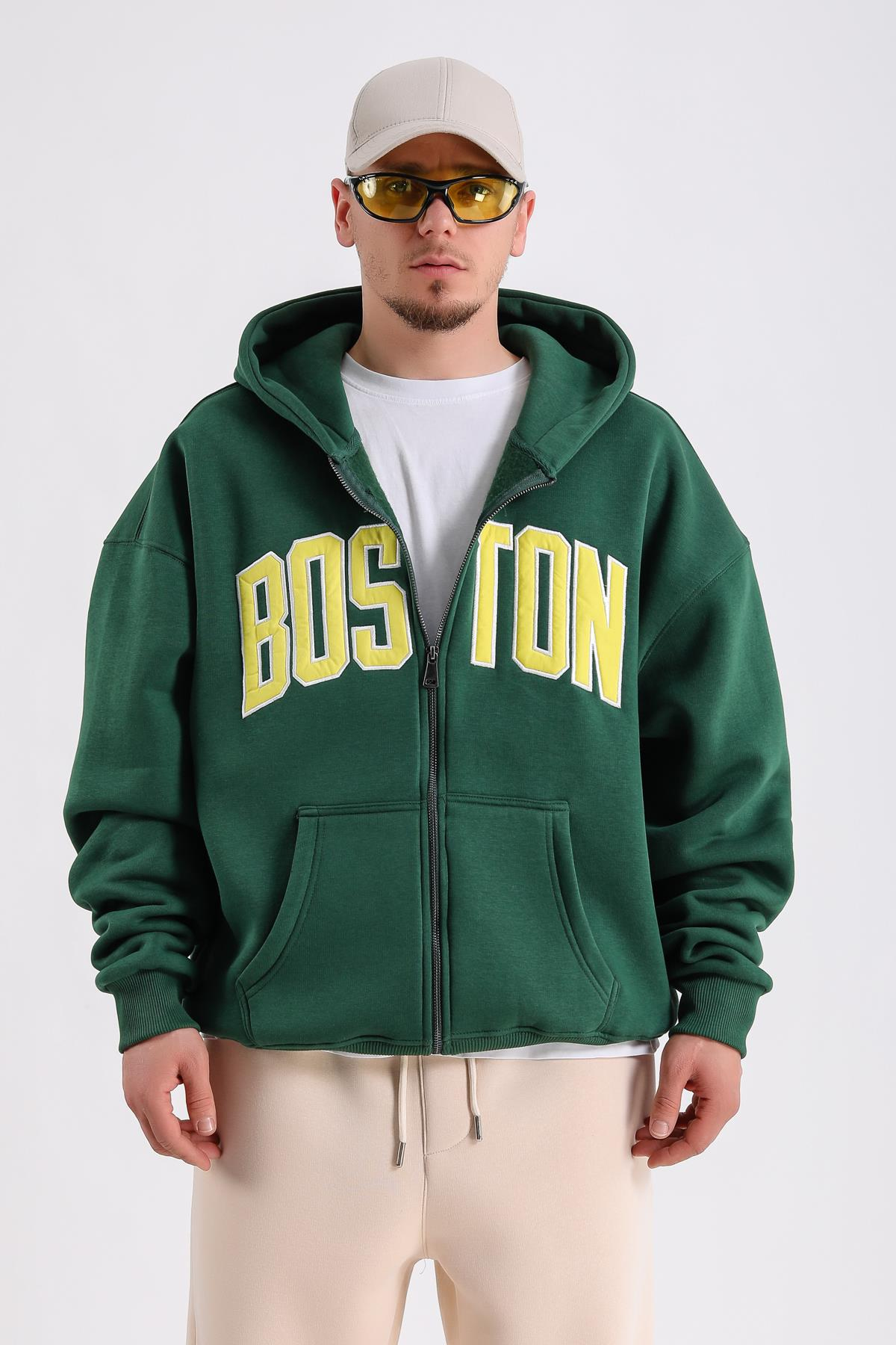 Boston Nakışlı Yeşil Oversize Zipper Hoodie SW1216