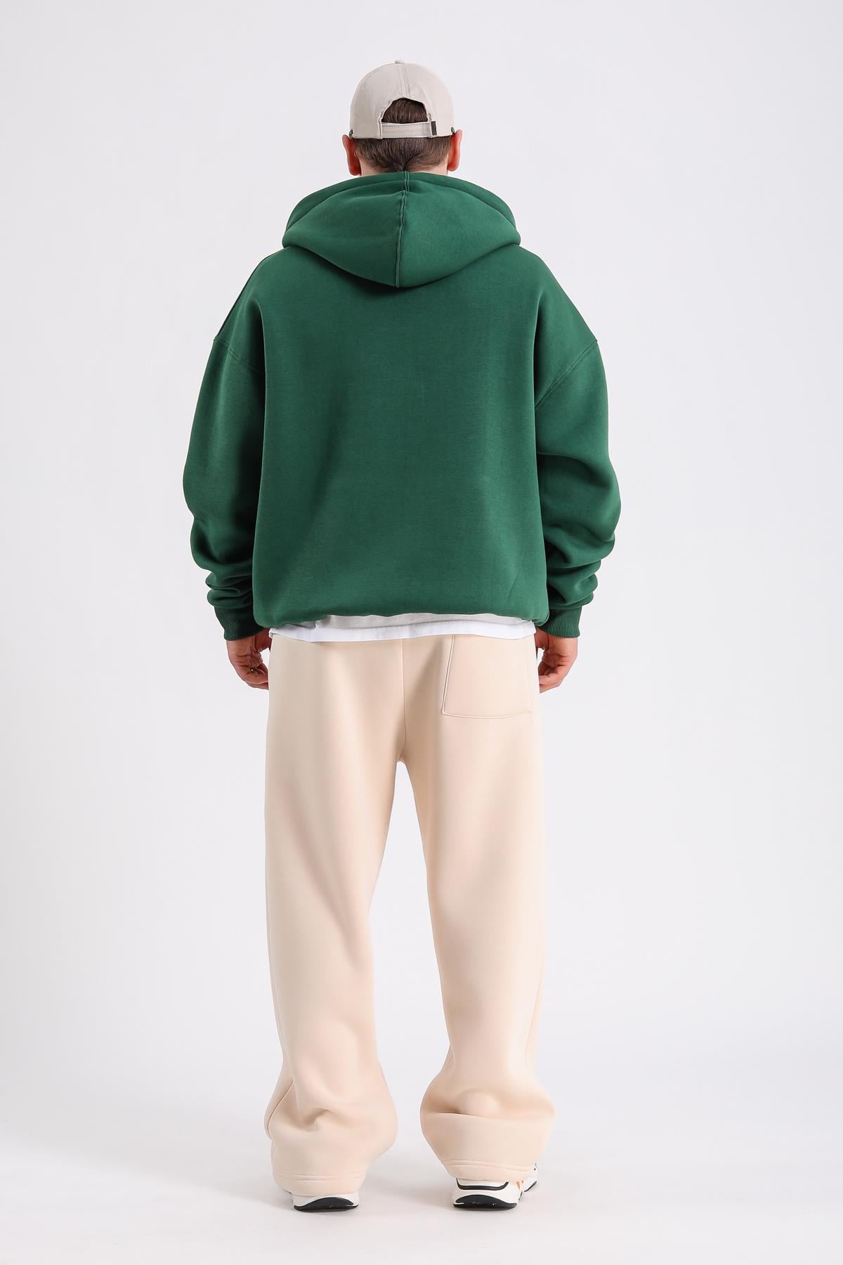 Boston Nakışlı Yeşil Oversize Zipper Hoodie SW1216