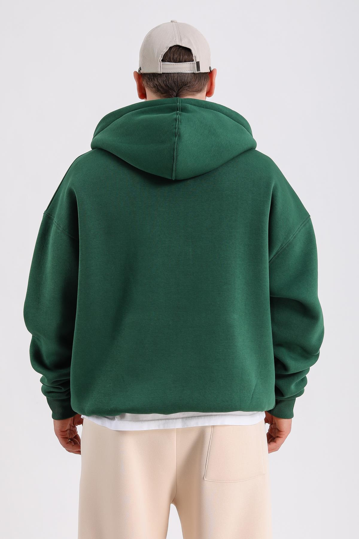 Boston Nakışlı Yeşil Oversize Zipper Hoodie SW1216