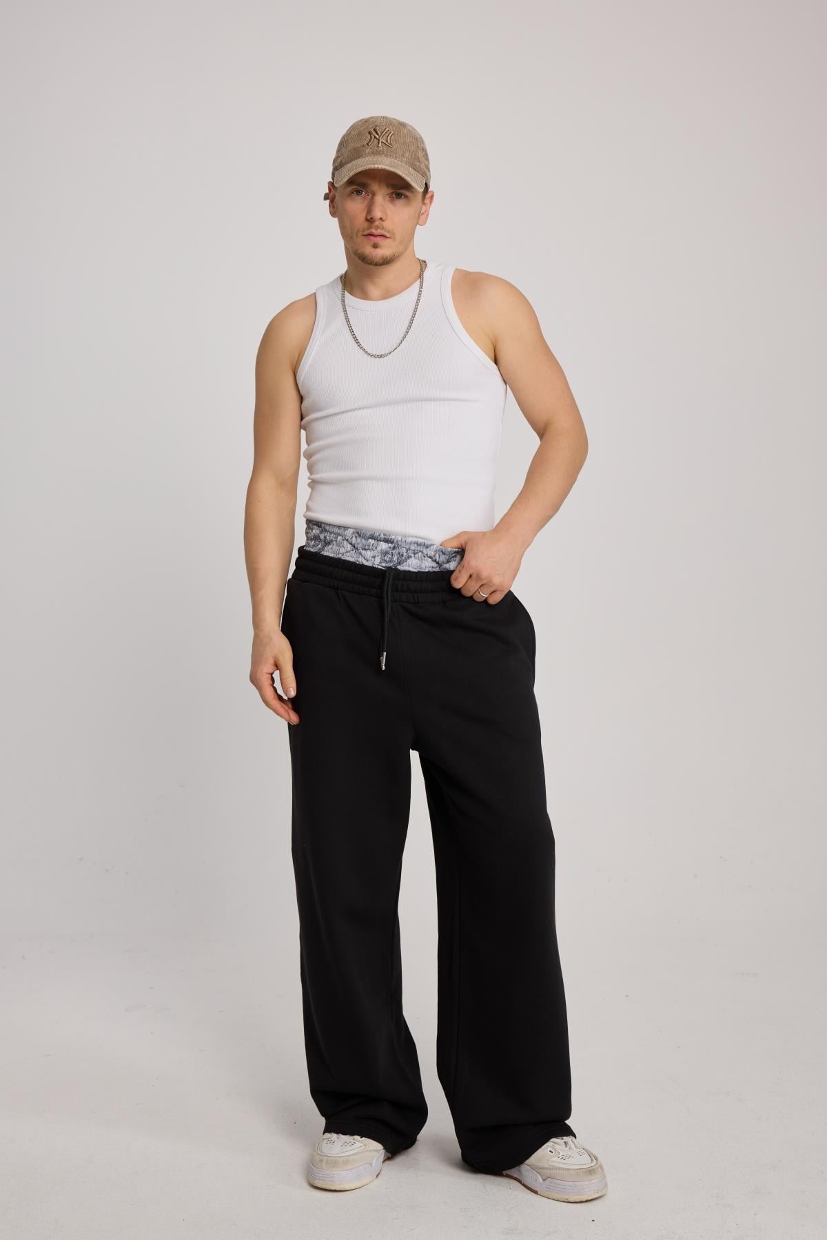 Boxer Detay Siyah Baggy Eşofman Altı