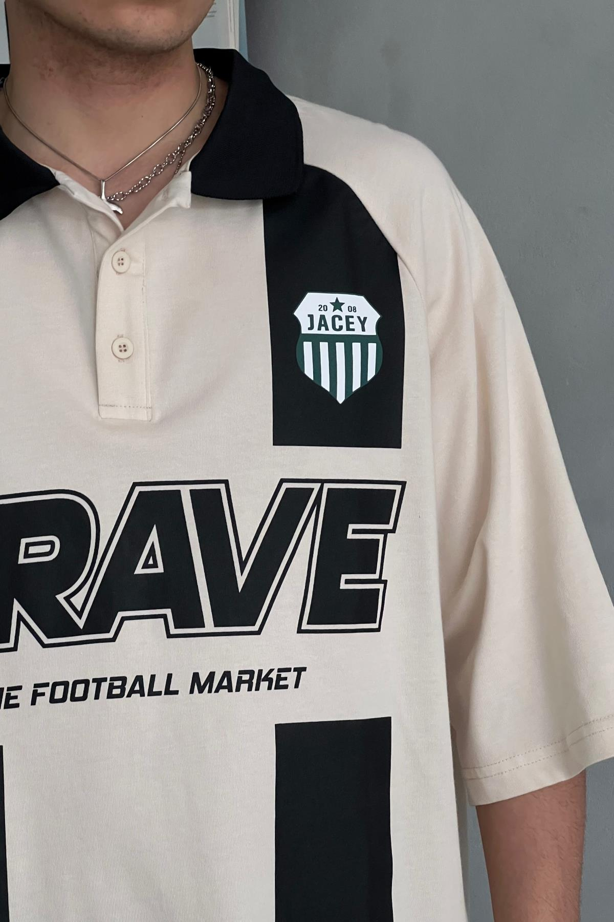 Brave Baskılı Krem Oversize Polo Yaka Tshirt