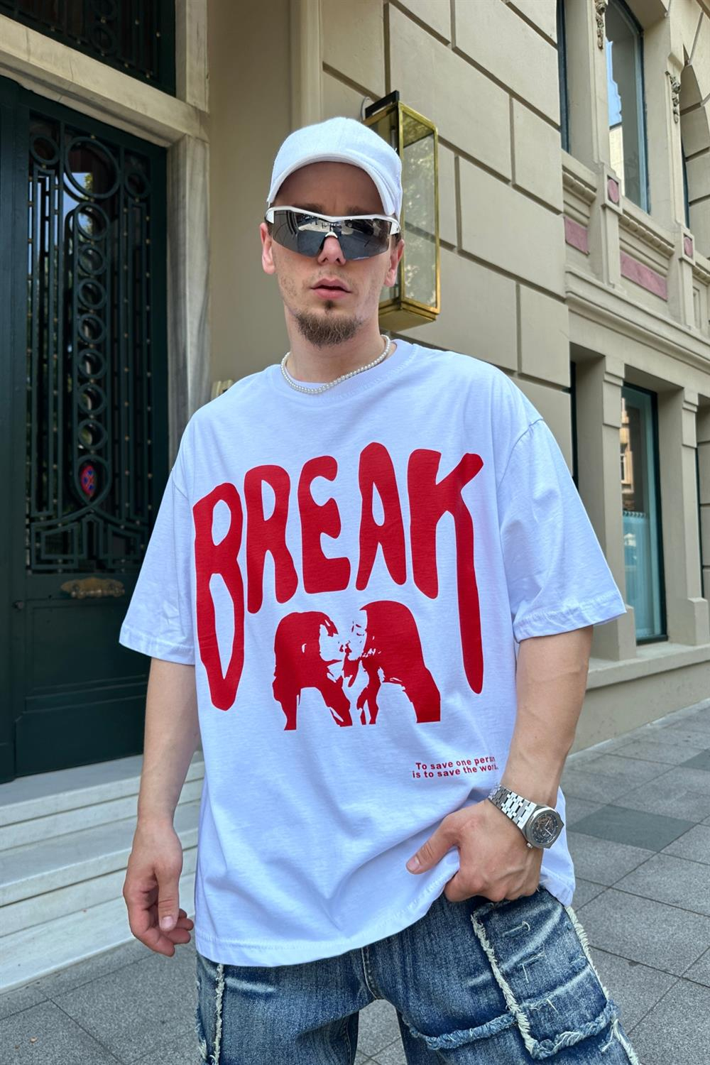 Break Baskılı Beyaz Oversize T815