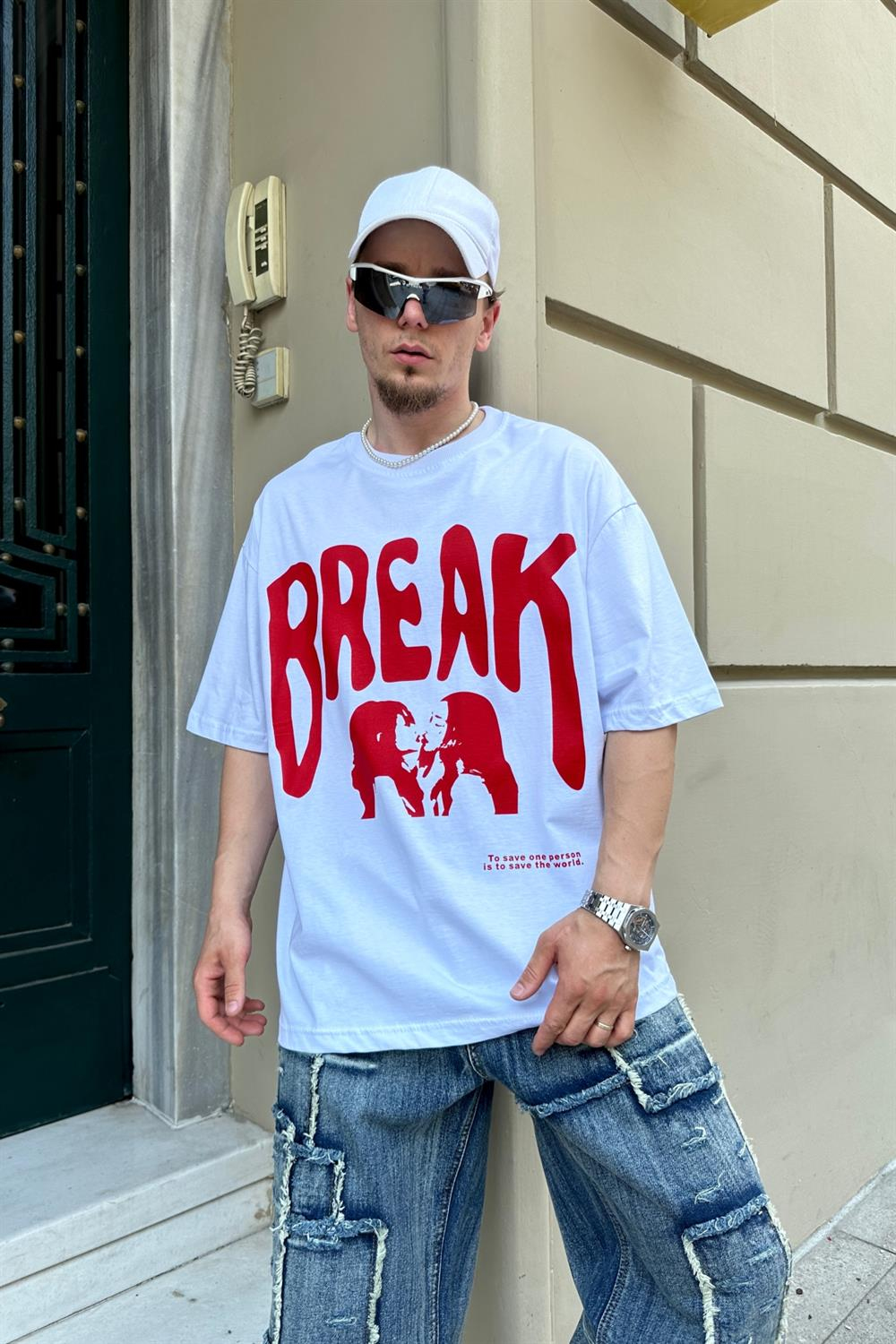 Break Baskılı Beyaz Oversize T815