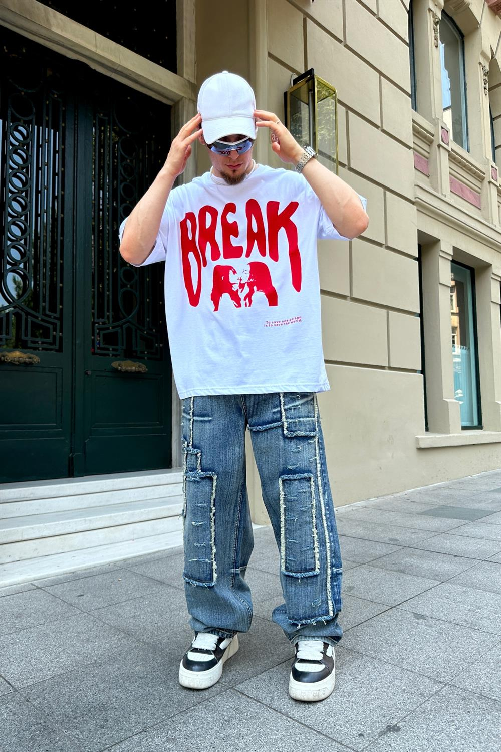 Break Baskılı Beyaz Oversize T815