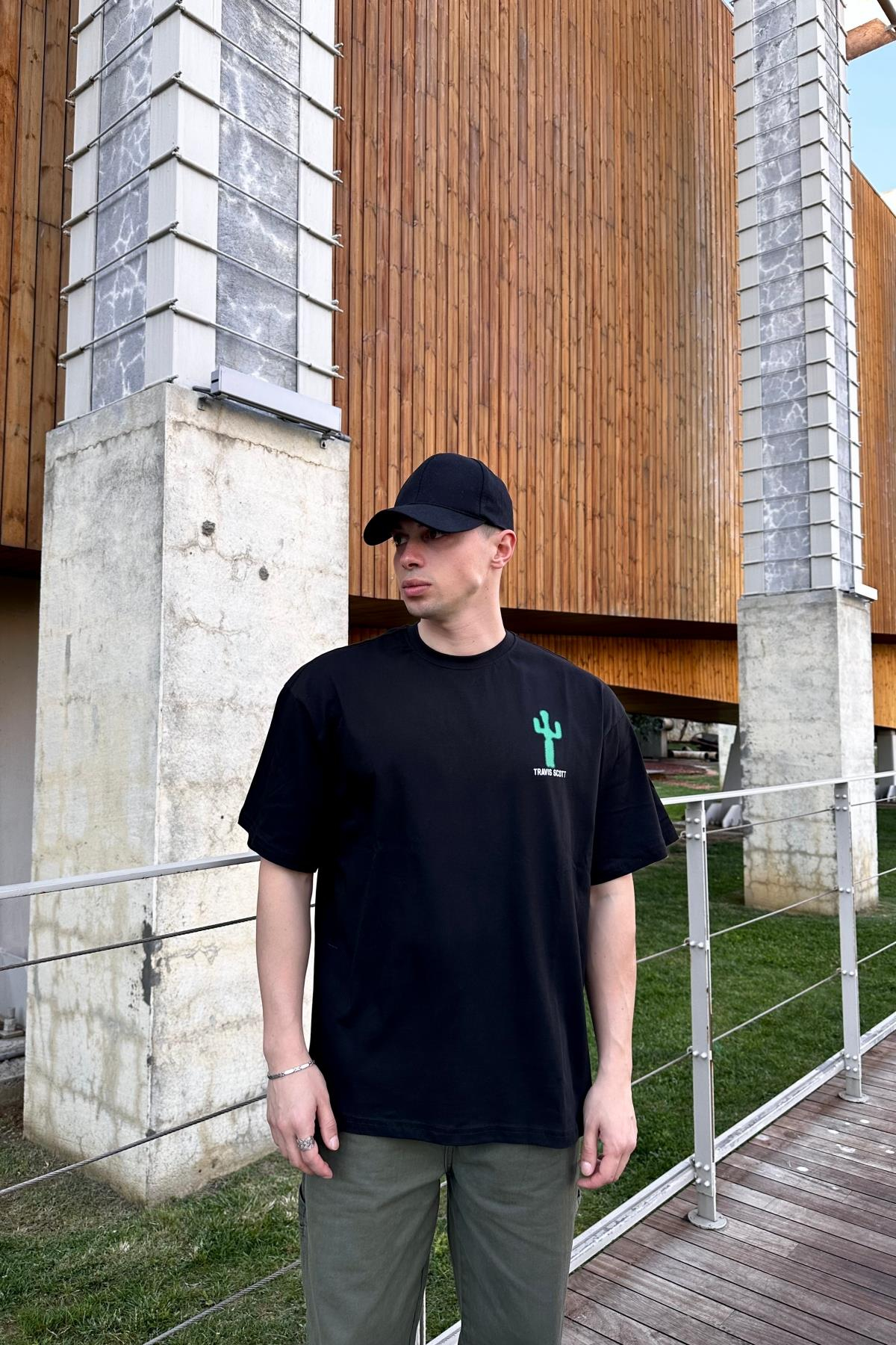 Cactus Baskılı Siyah Oversize Tshirt T1061
