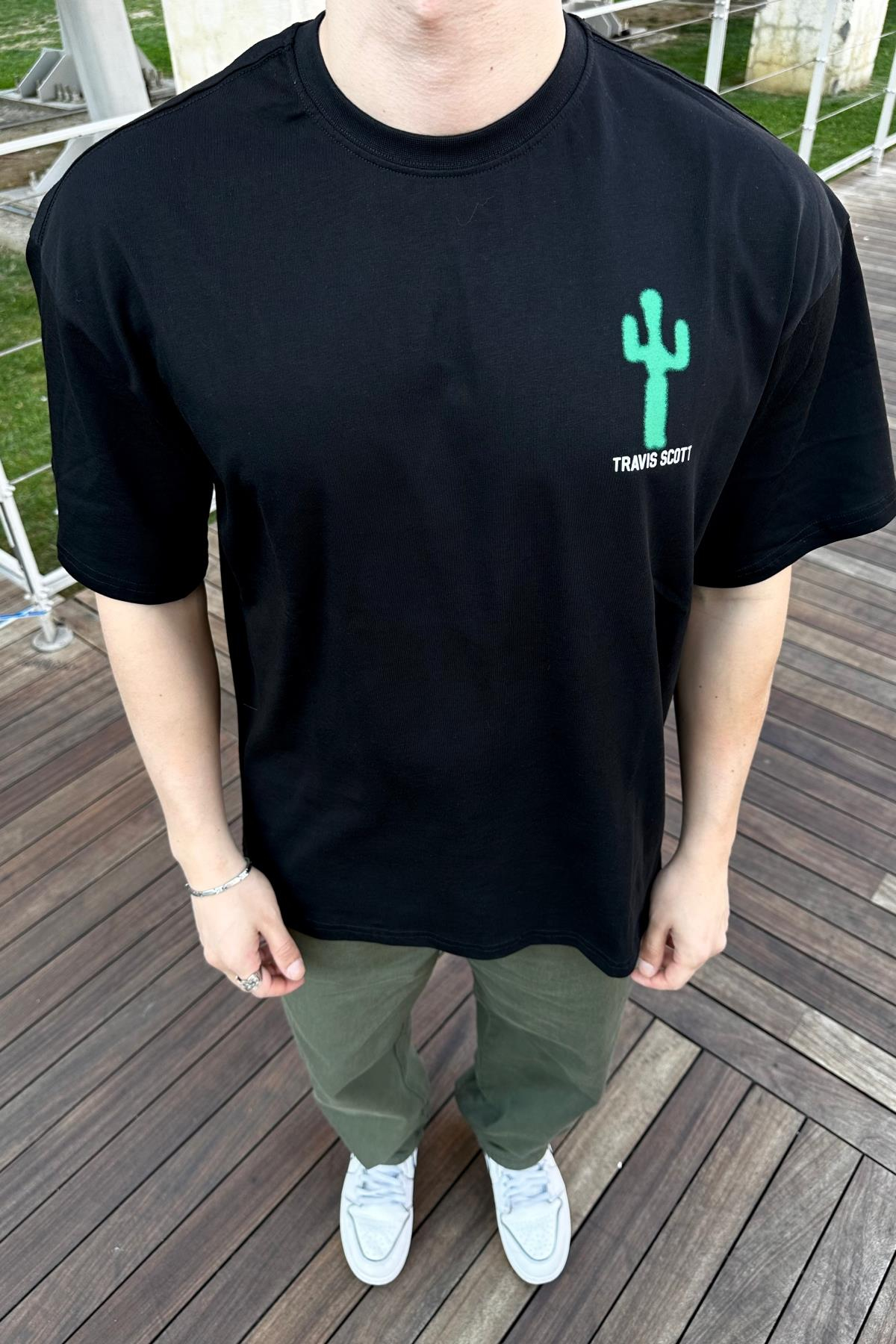 Cactus Baskılı Siyah Oversize Tshirt T1061