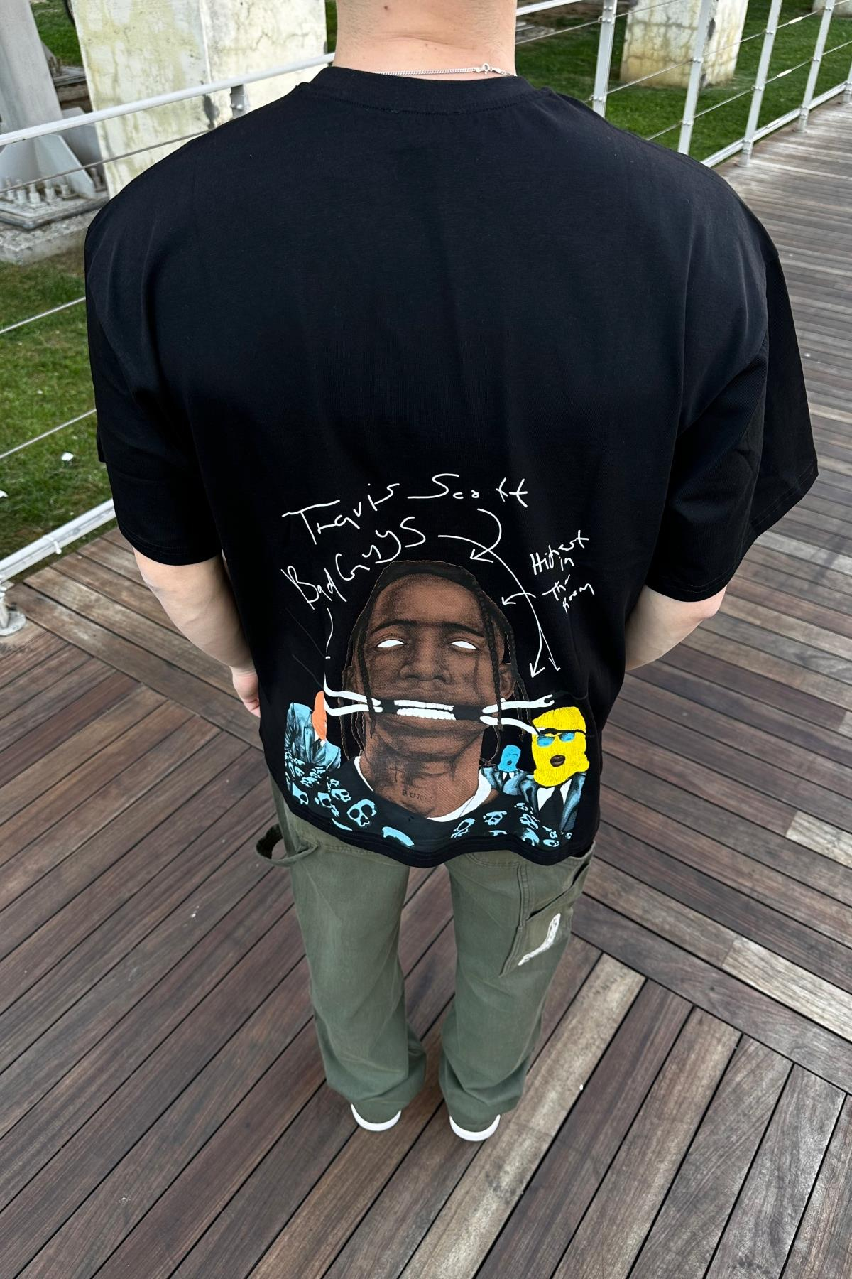 Cactus Baskılı Siyah Oversize Tshirt T1061