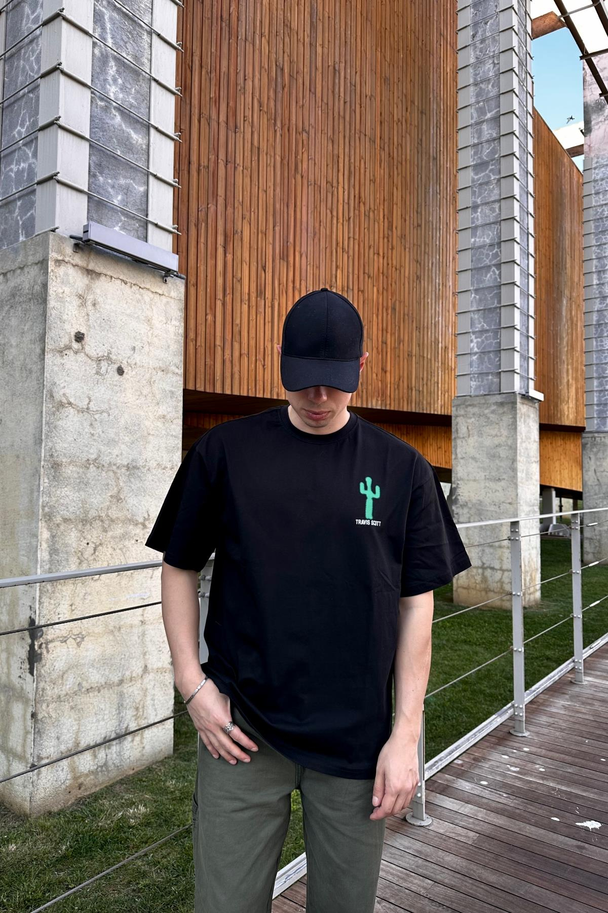 Cactus Baskılı Siyah Oversize Tshirt T1061
