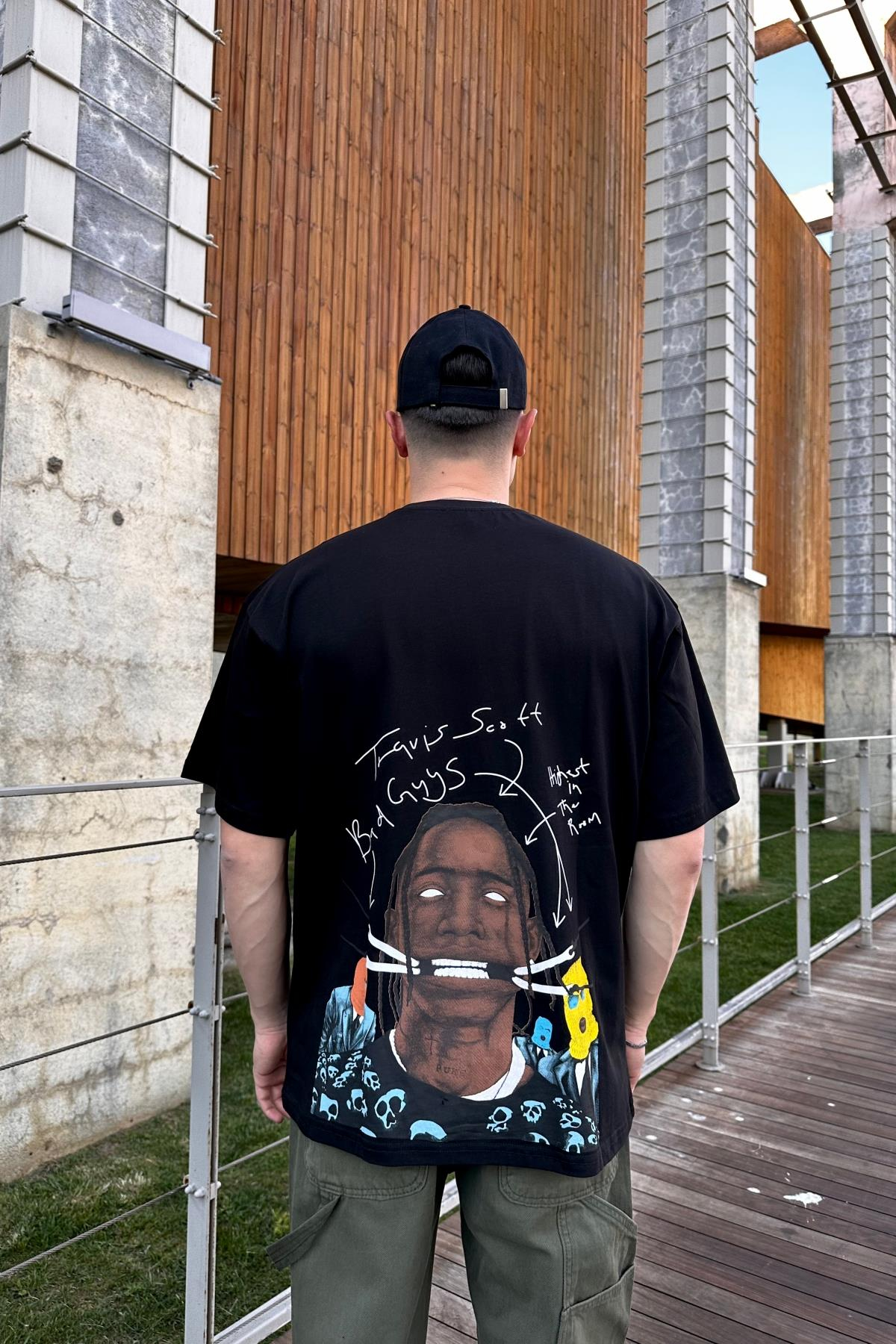 Cactus Baskılı Siyah Oversize Tshirt T1061