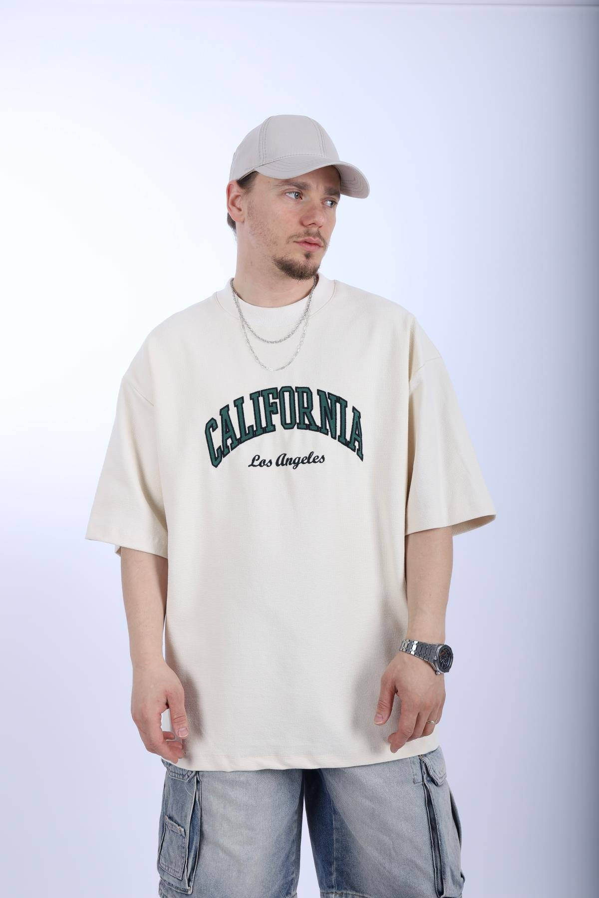 California Krem Waffle Kumaş Oversize Tshirt T997
