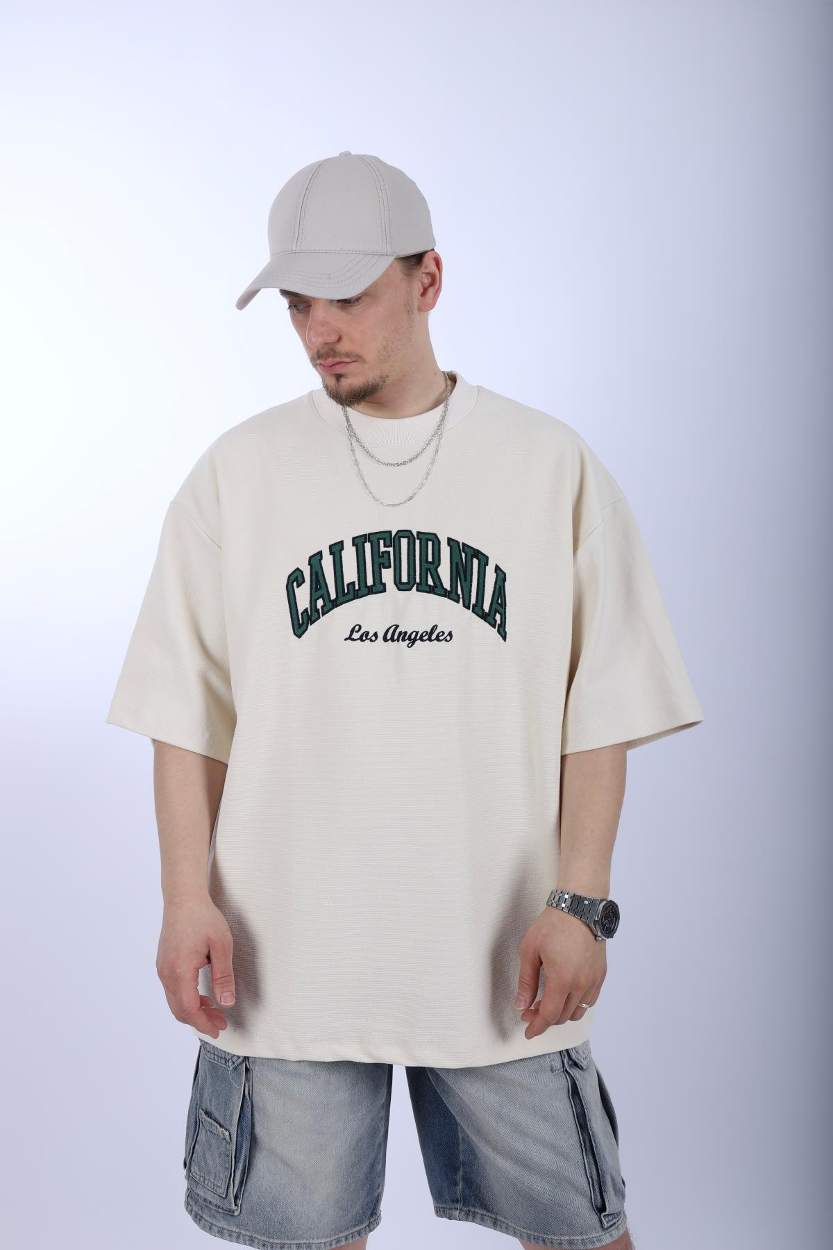 California Krem Waffle Kumaş Oversize Tshirt T997