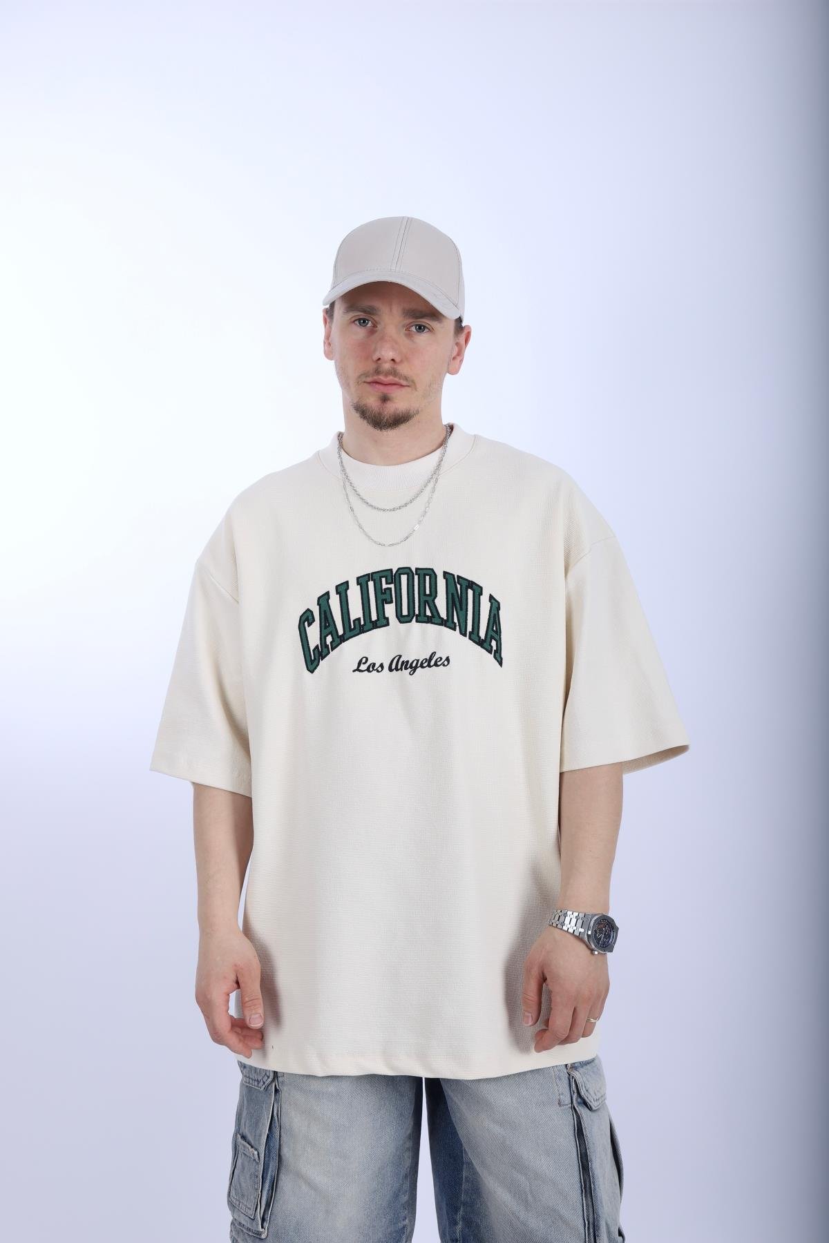 California Krem Waffle Kumaş Oversize Tshirt T997