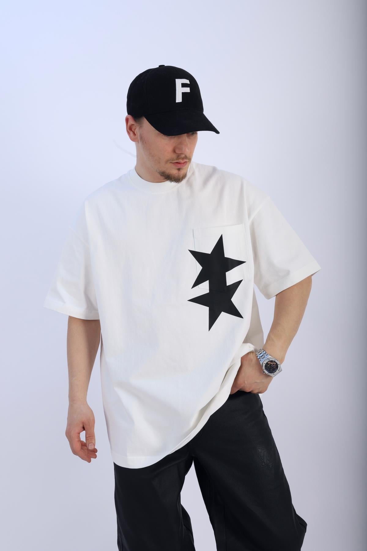 CB Baskılı Krem Oversize Tshirt T937