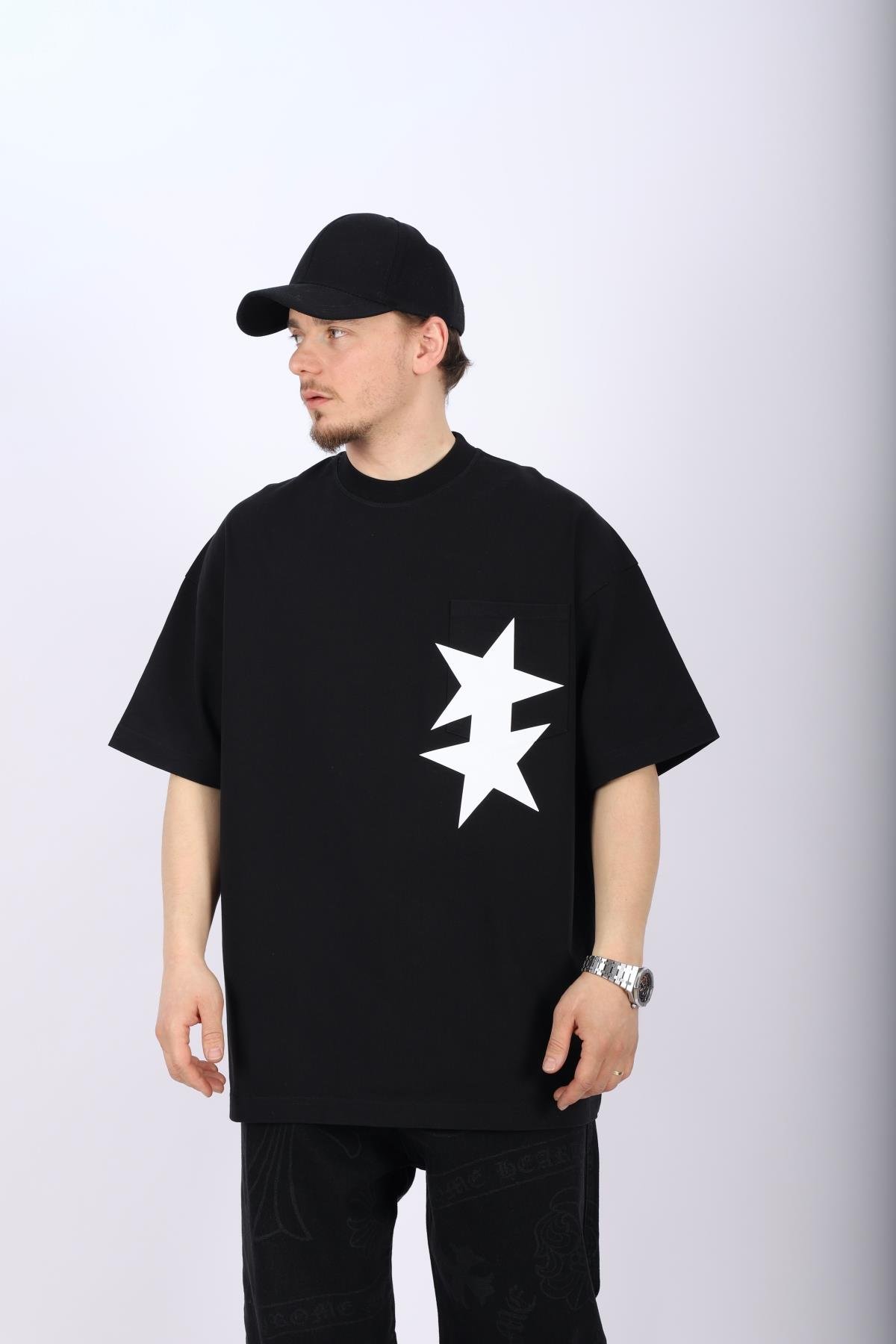 CB Baskılı Siyah Oversize Tshirt T1012