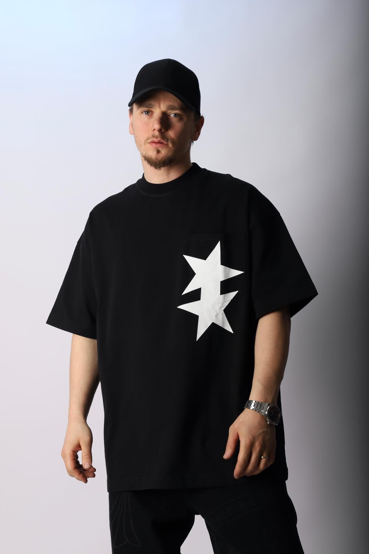 CB Baskılı Siyah Oversize Tshirt T1012