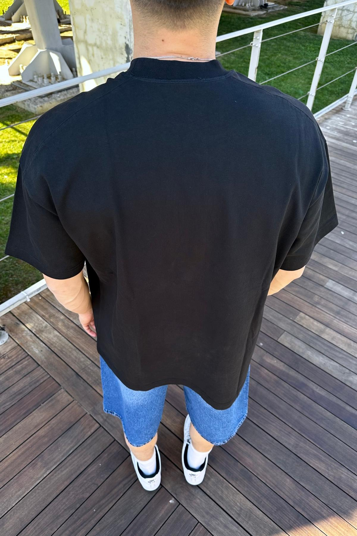 CB International Nakışlı Siyah Oversize Tshirt T1052