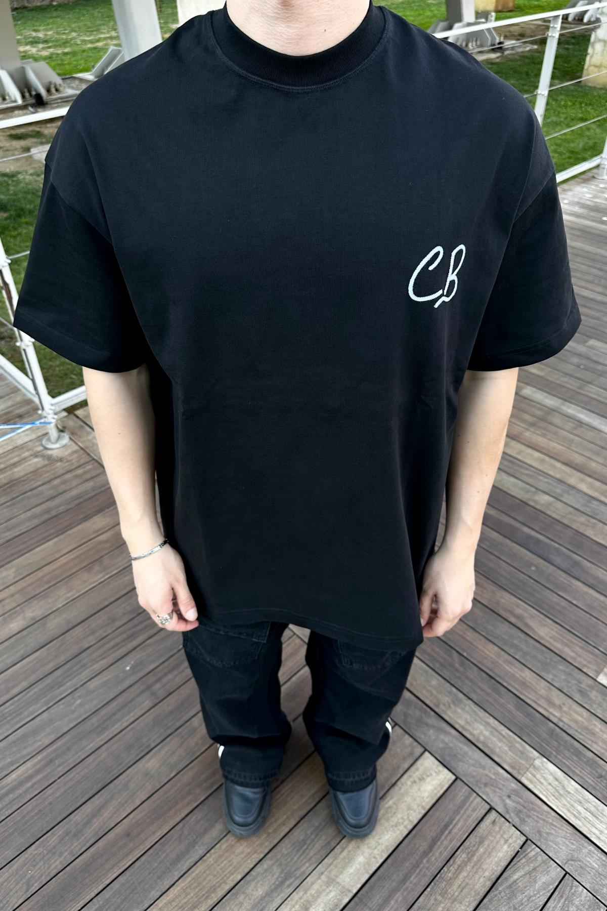 CB Nakışlı Siyah Oversize Tshirt T1046