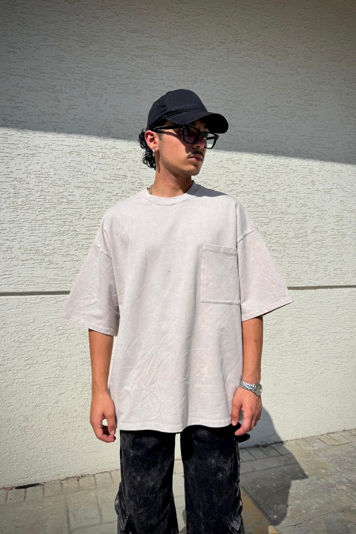 Cep Detay Acid Wash Bej Oversize Tshirt