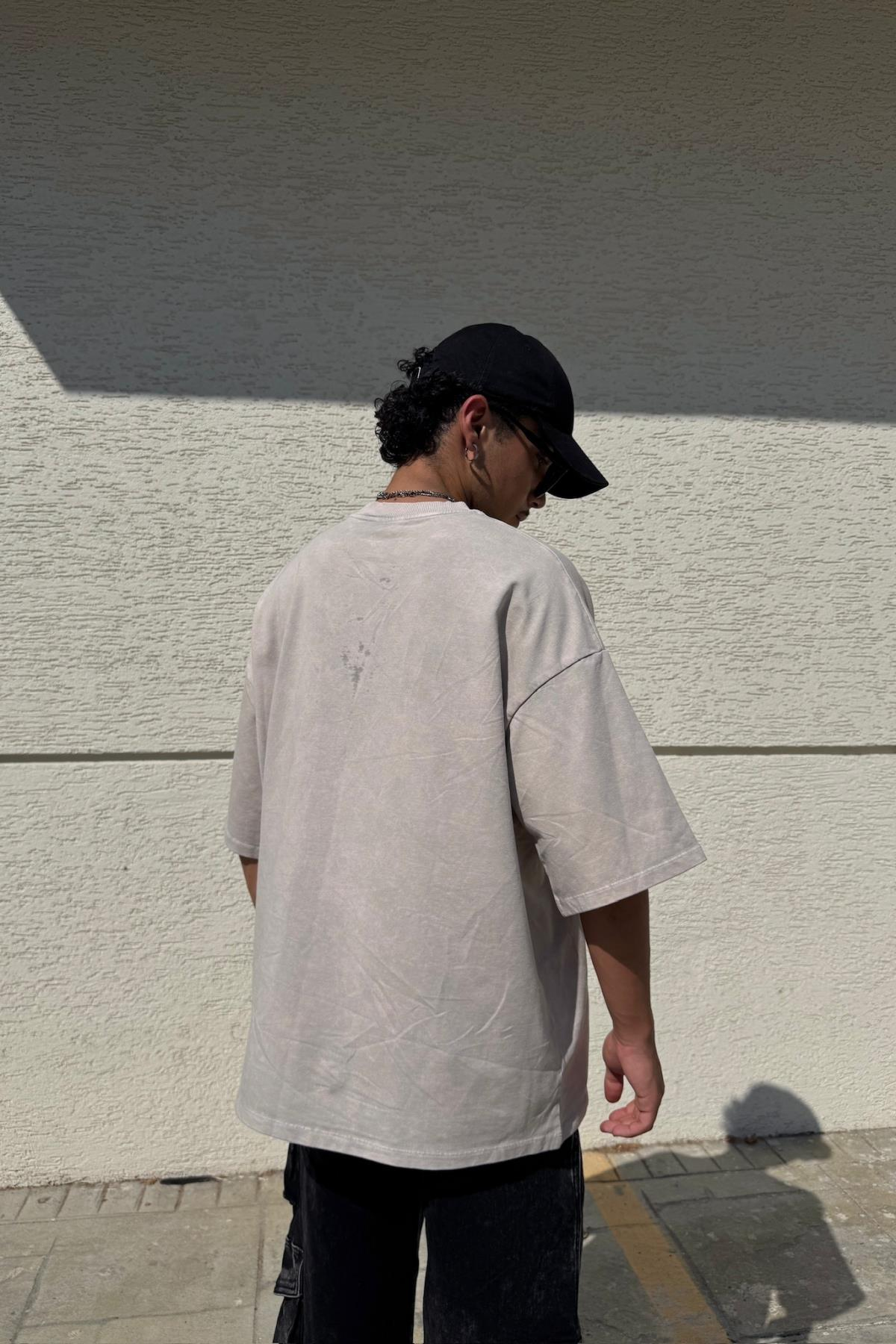 Cep Detay Acid Wash Bej Oversize Tshirt