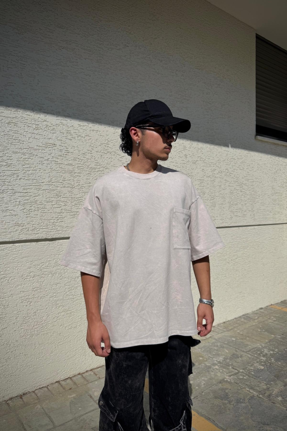 Cep Detay Acid Wash Bej Oversize Tshirt