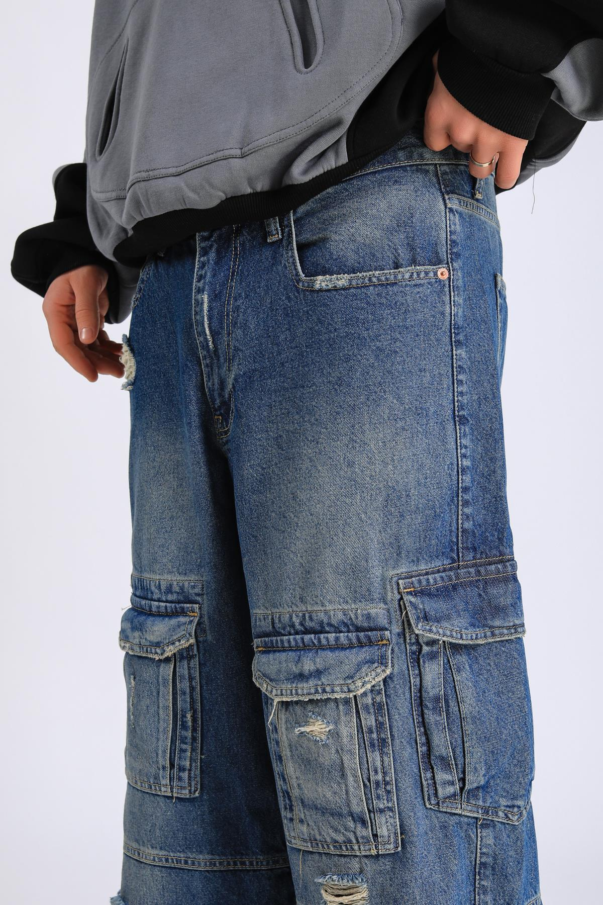 Cep Detay Eskitme Baggy Jean Pantolon P1057
