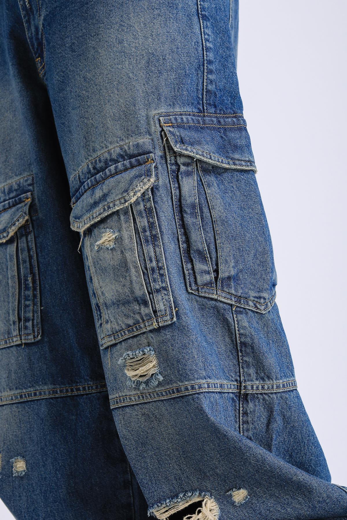 Cep Detay Eskitme Baggy Jean Pantolon P1057