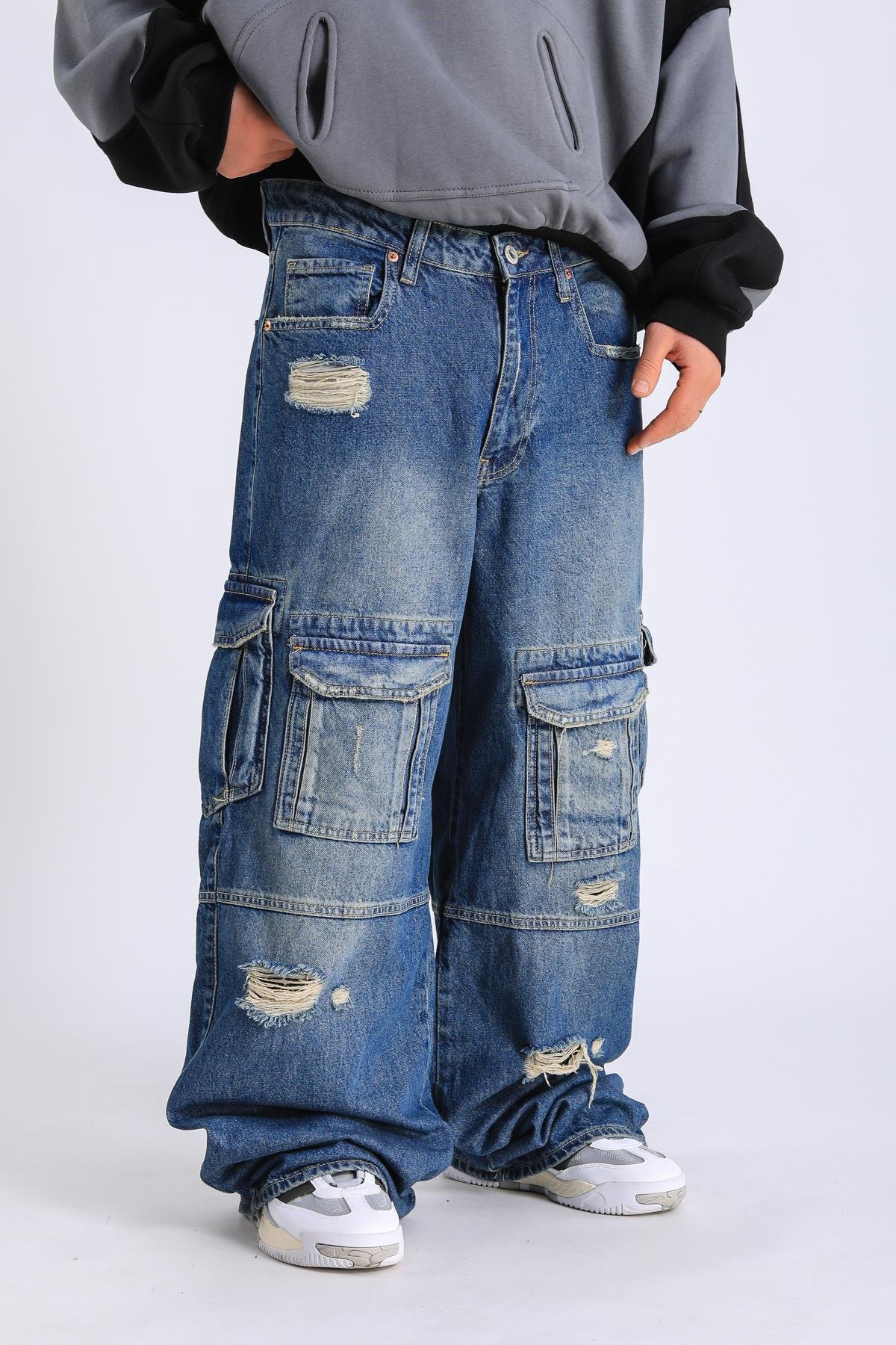 Cep Detay Eskitme Baggy Jean Pantolon P1057