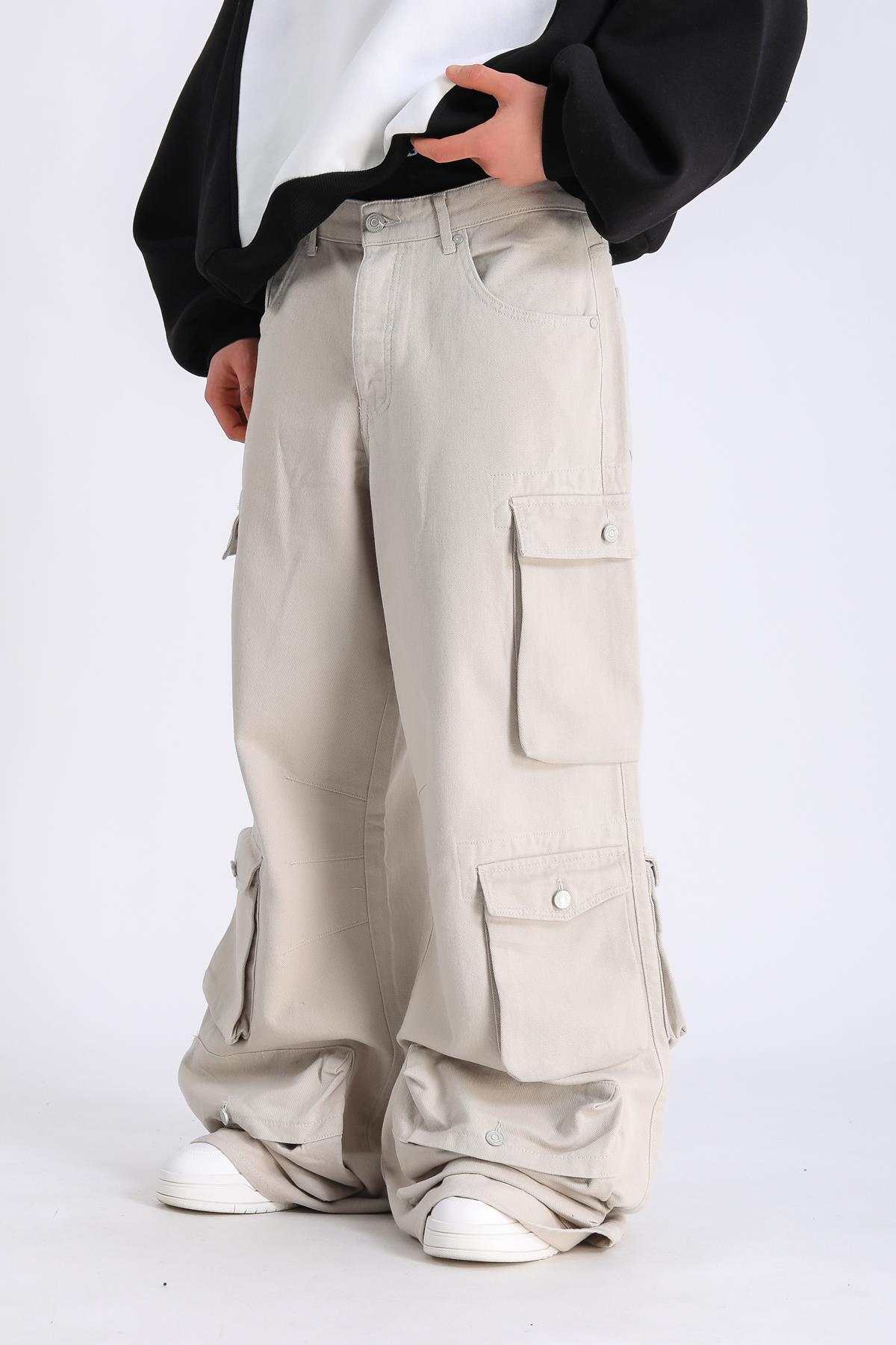 Cep Detay Krem Baggy Jean Pantolon P1061