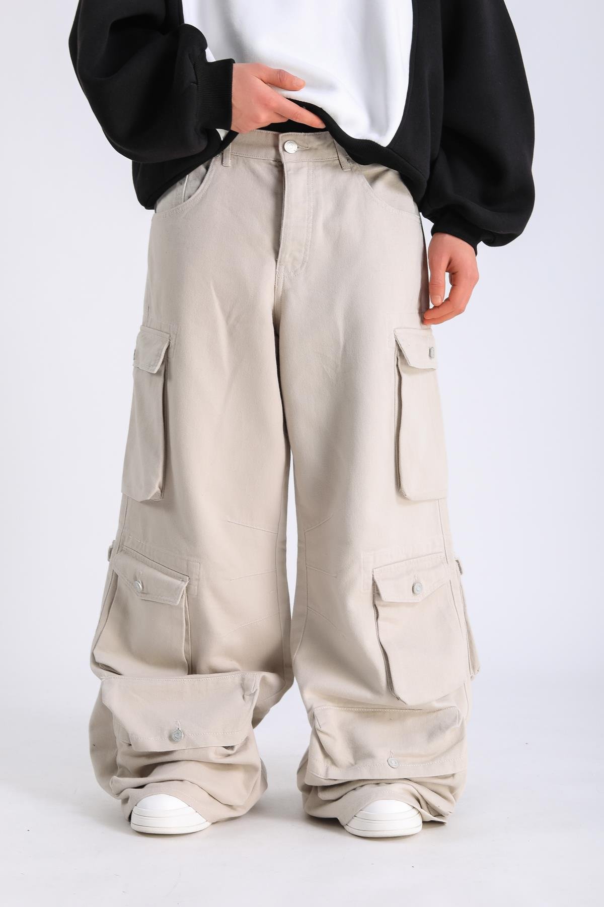 Cep Detay Krem Baggy Jean Pantolon P1061