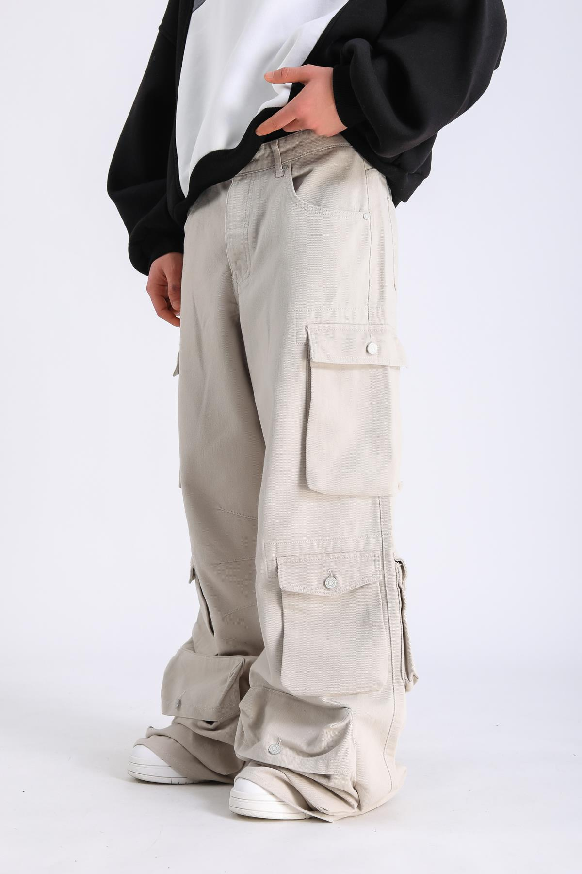 Cep Detay Krem Baggy Jean Pantolon P1061