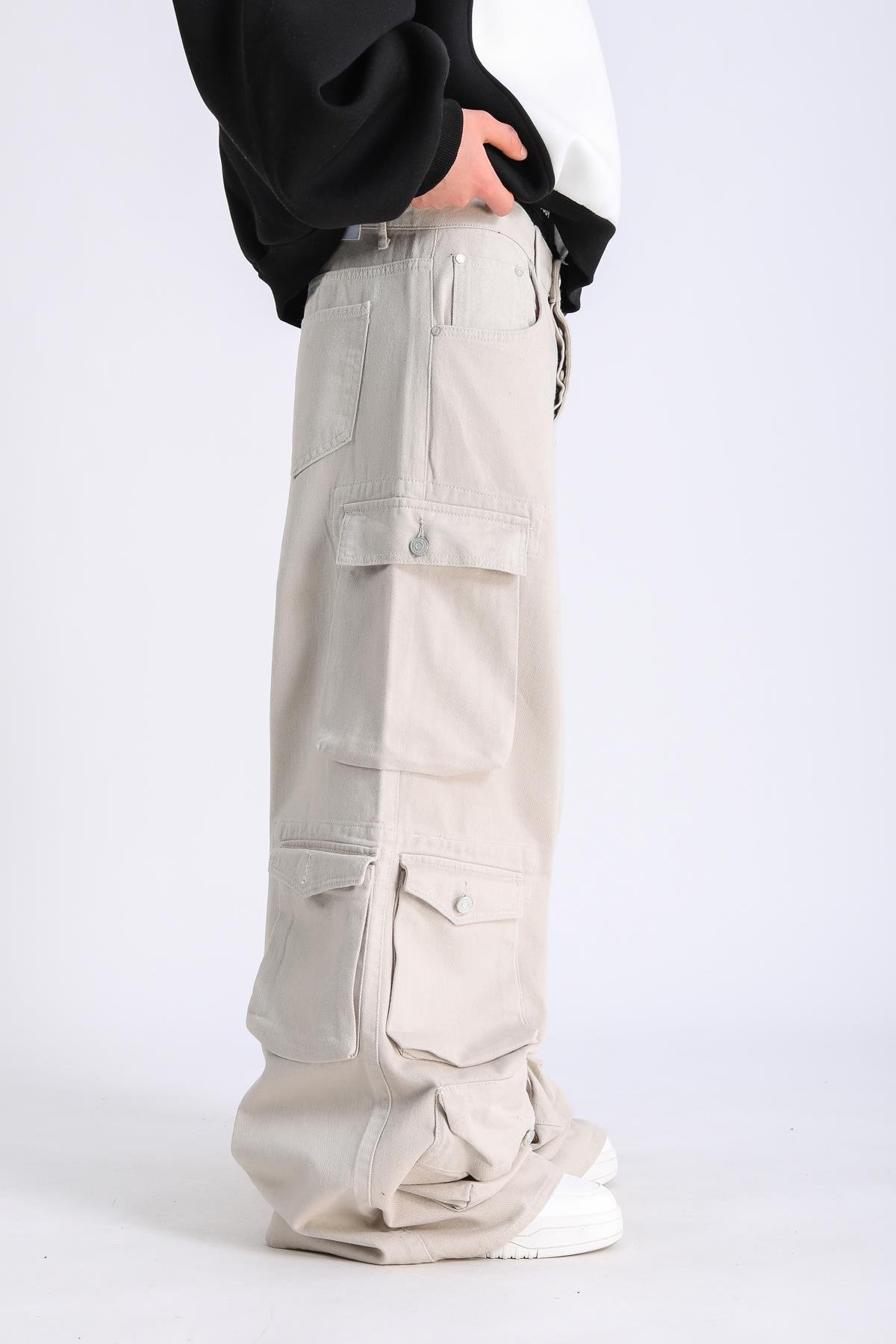 Cep Detay Krem Baggy Jean Pantolon P1061
