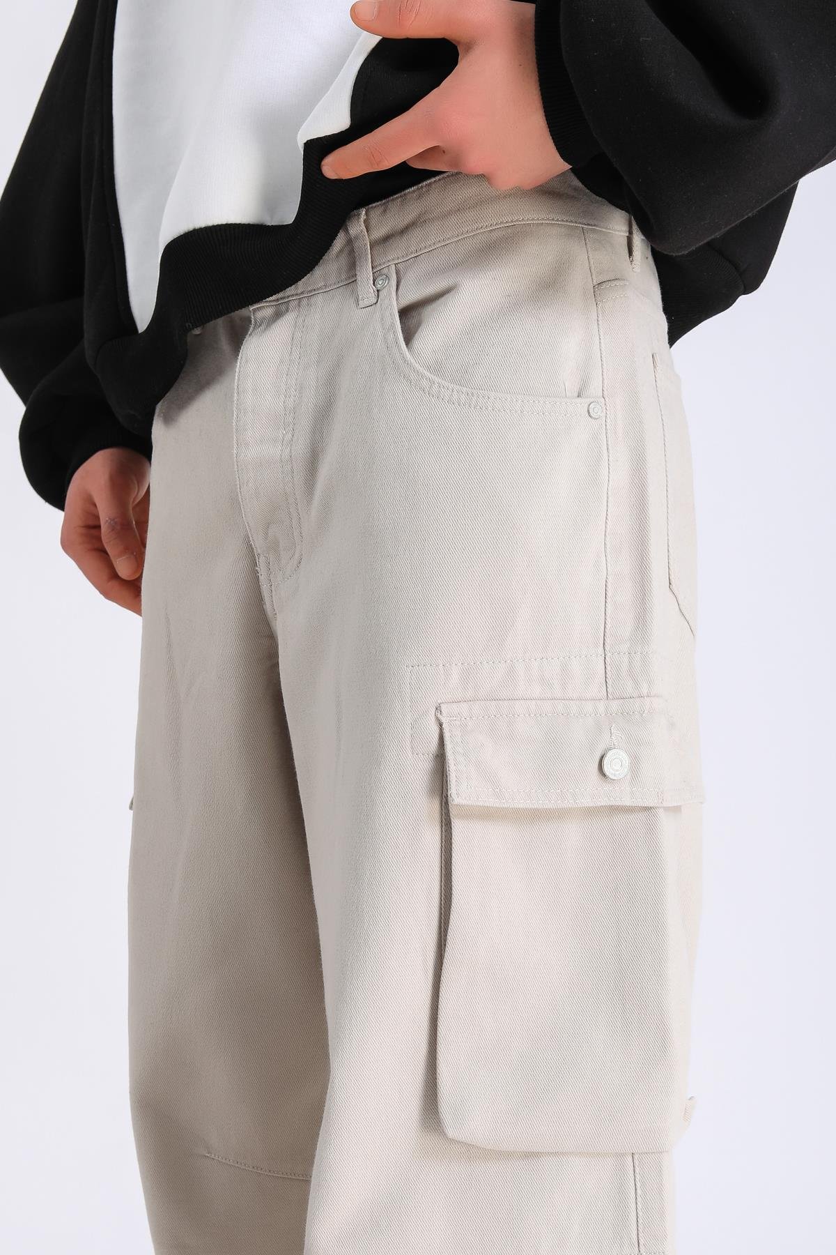 Cep Detay Krem Baggy Jean Pantolon P1061