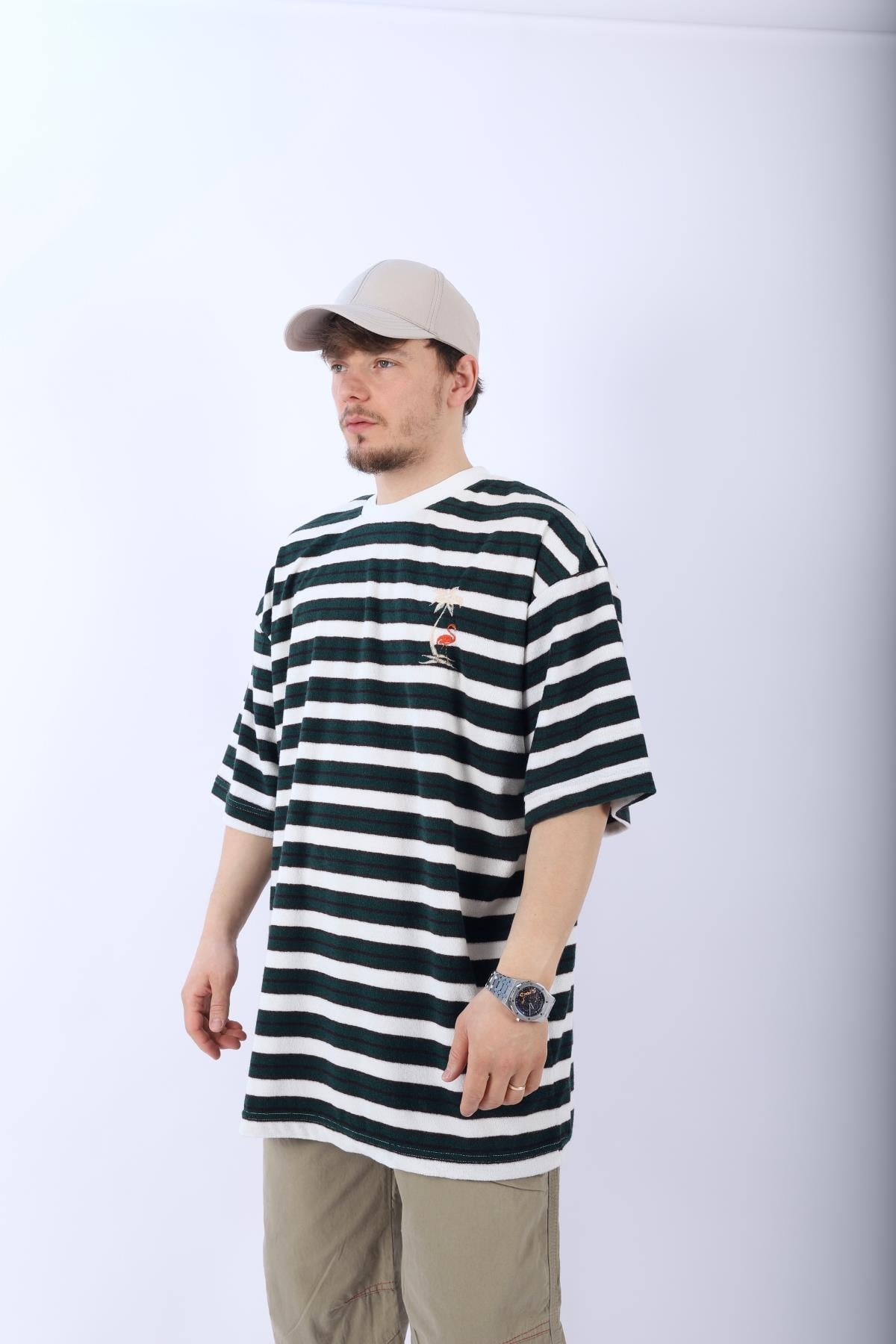 Çizgili Havlu Kumaş Oversize Tshirt T973