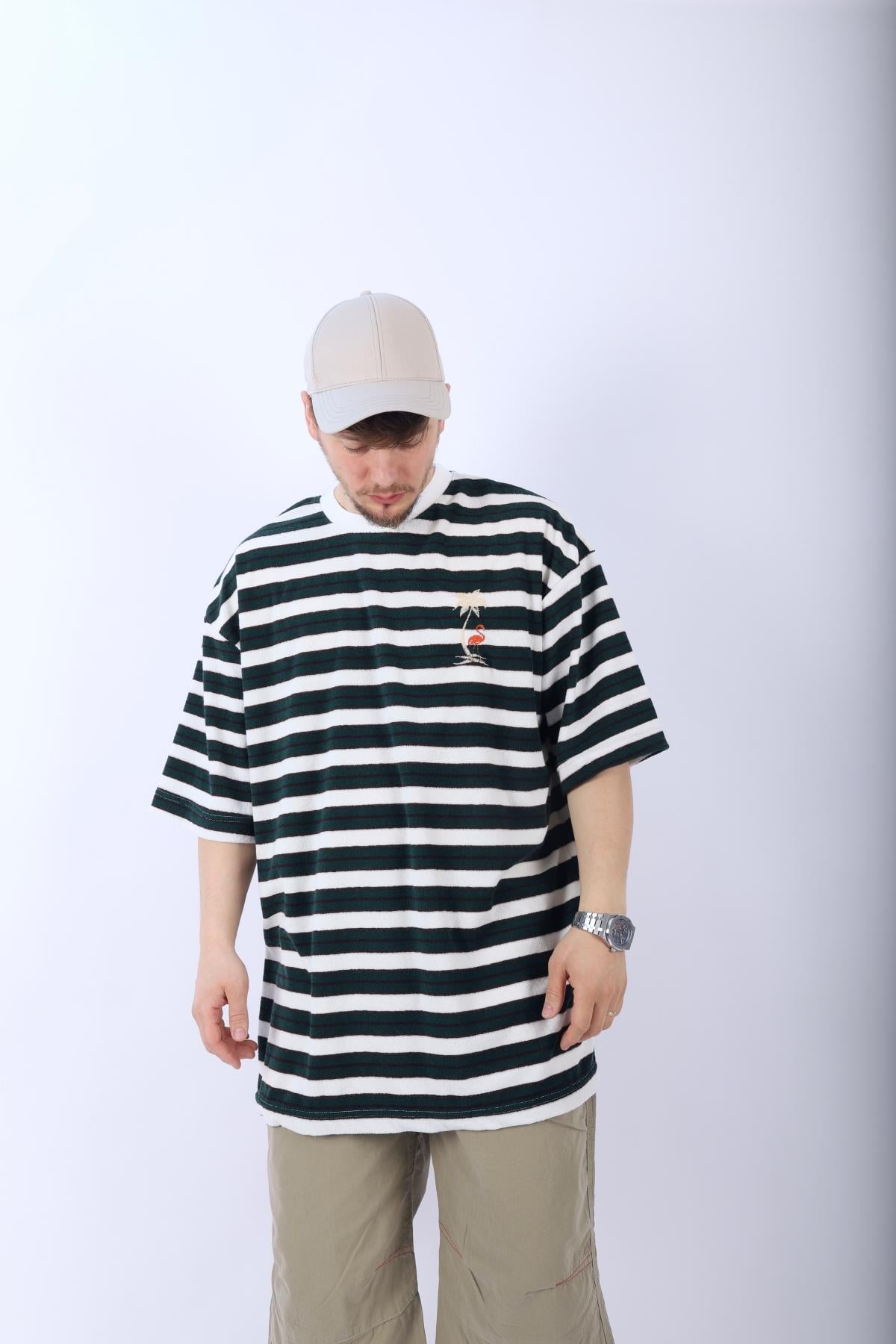 Çizgili Havlu Kumaş Oversize Tshirt T973