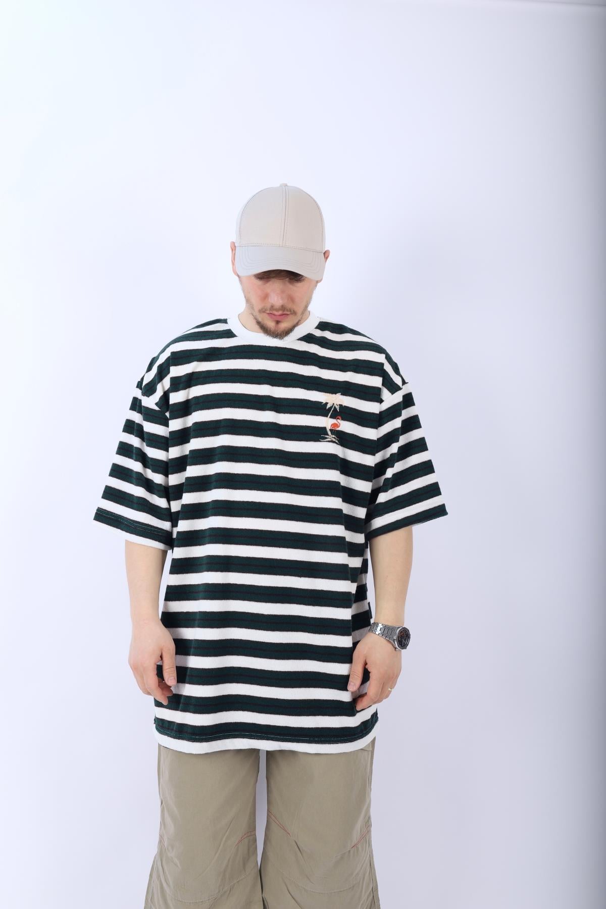 Çizgili Havlu Kumaş Oversize Tshirt T973