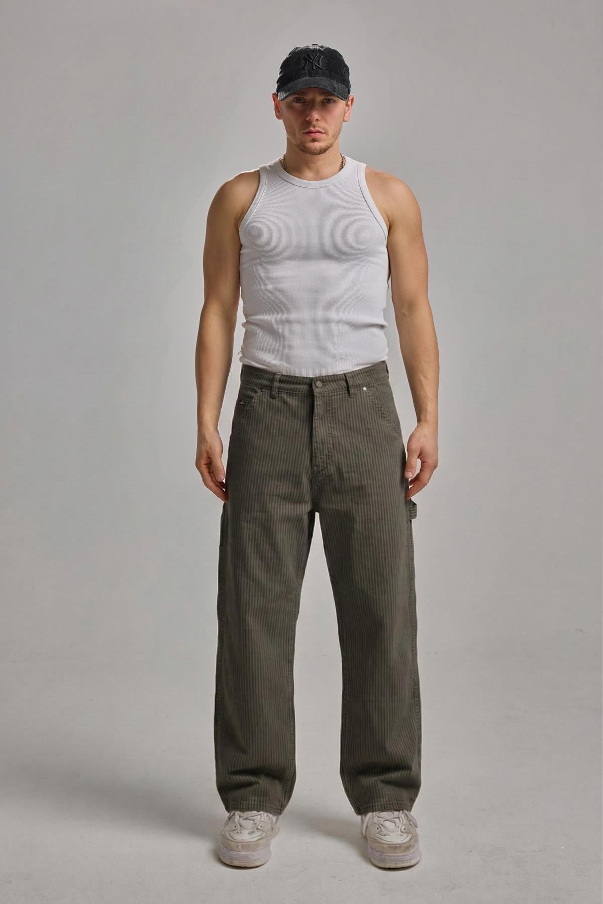Çizgili Kahve Baggy Jean Pantolon CT01 6581-4