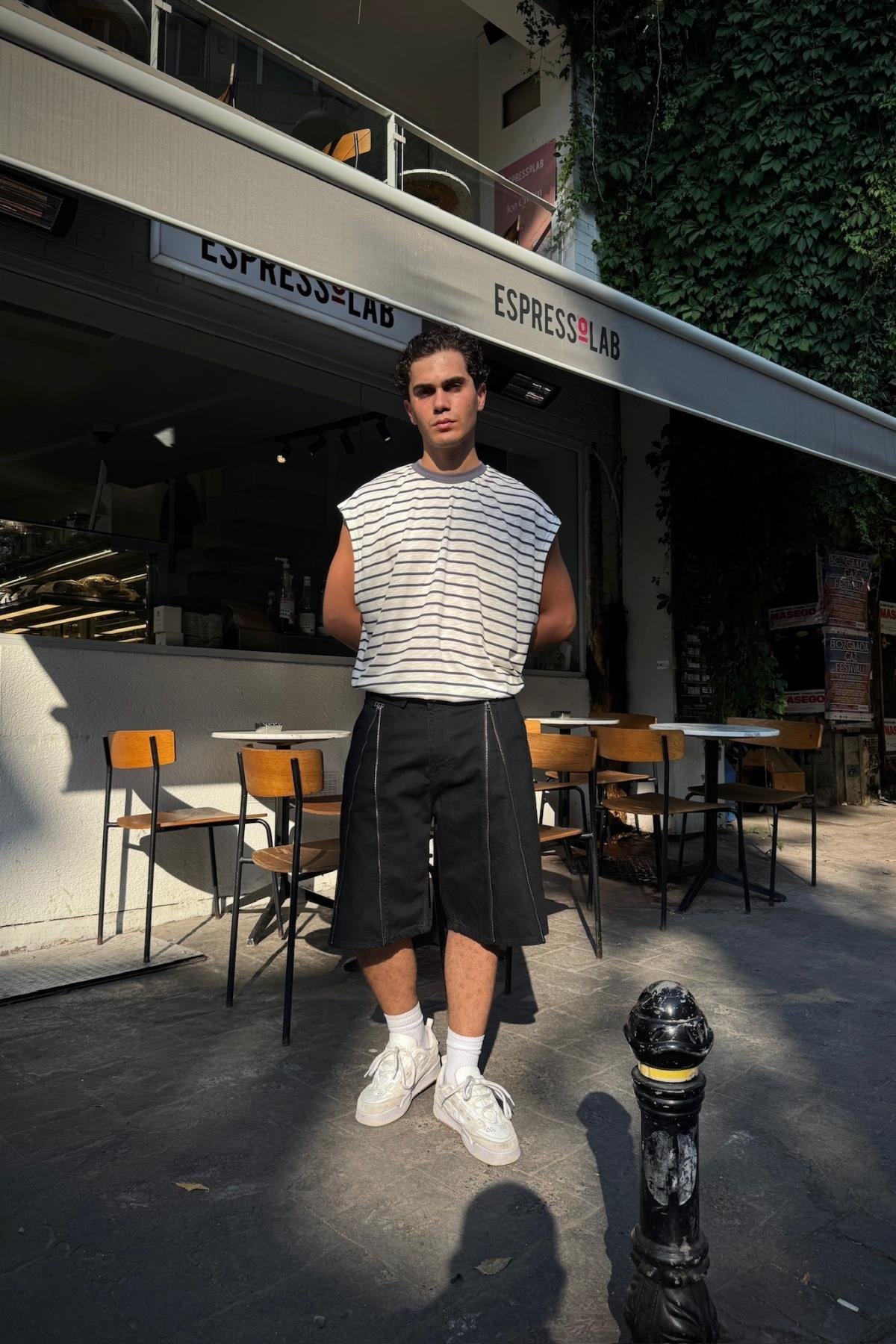 Çizgili Koyu Yaka Oversize Kolsuz Tshirt  T1141