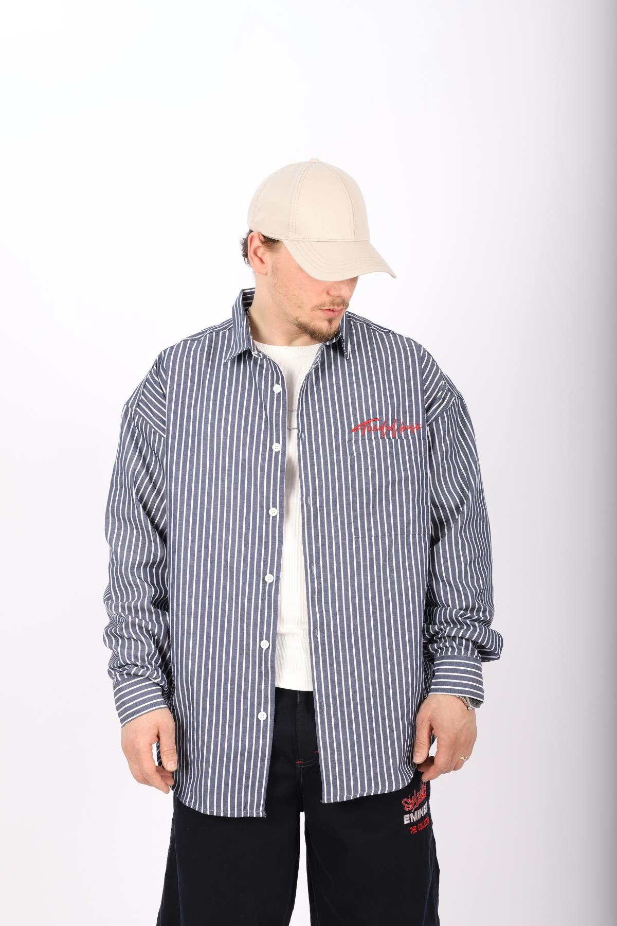 Çizgili Lacivert Poplin Oversize Gömlek G138