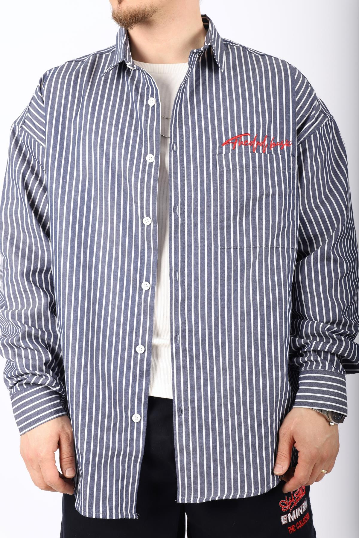 Çizgili Lacivert Poplin Oversize Gömlek G138